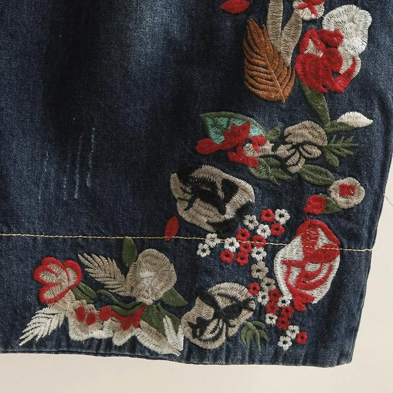 Babakud Women Retro Embroidered Denim Wide-Leg Pants