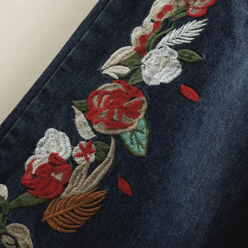 Babakud Women Retro Embroidered Denim Wide-Leg Pants