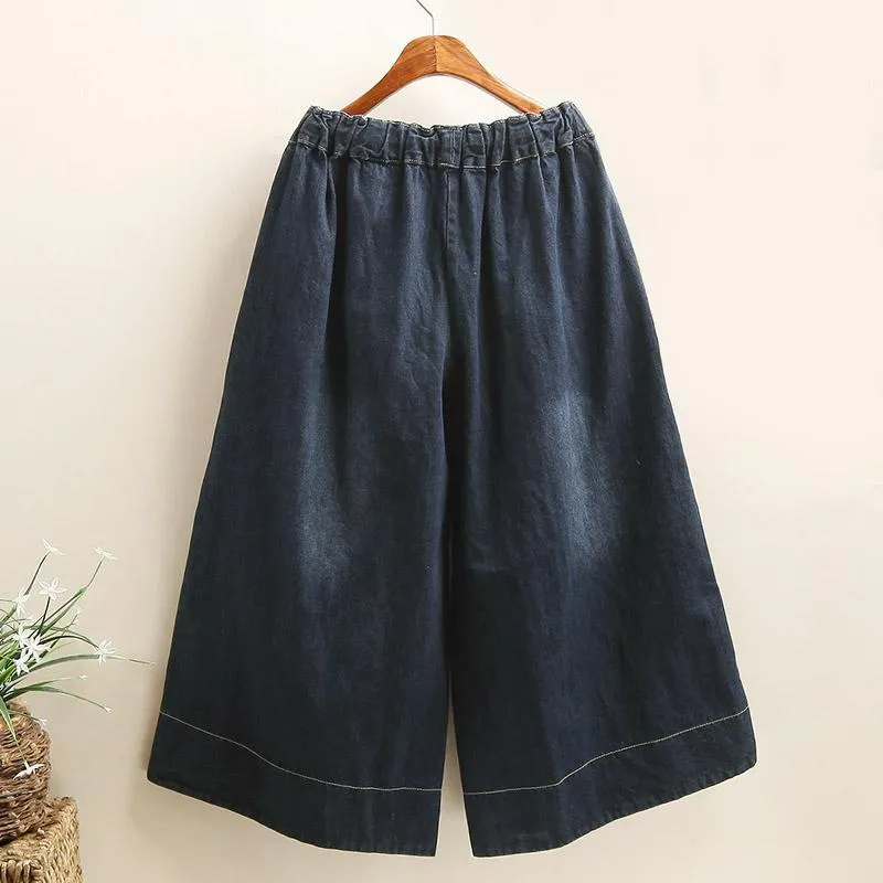 Babakud Women Retro Embroidered Denim Wide-Leg Pants