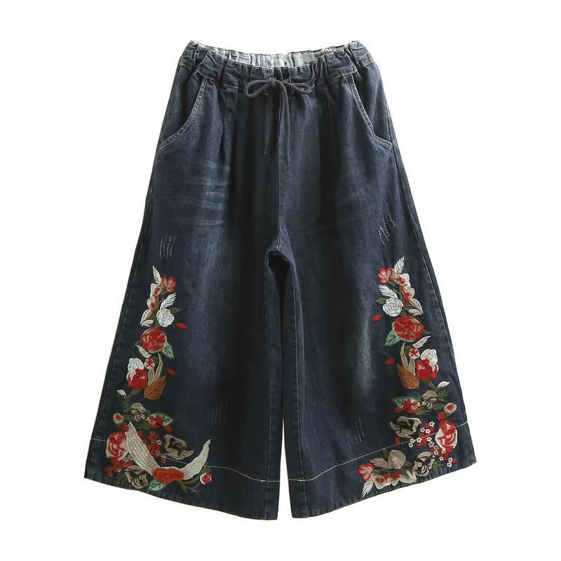 Babakud Women Retro Embroidered Denim Wide-Leg Pants