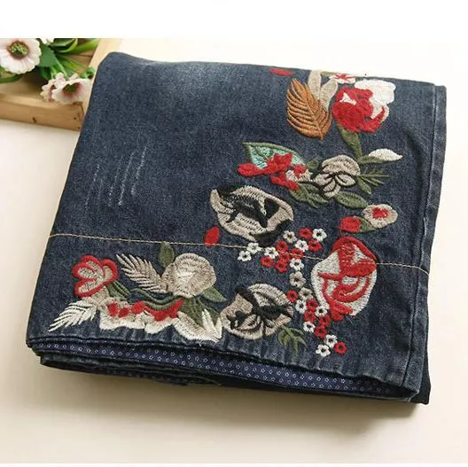 Babakud Women Retro Embroidered Denim Wide-Leg Pants