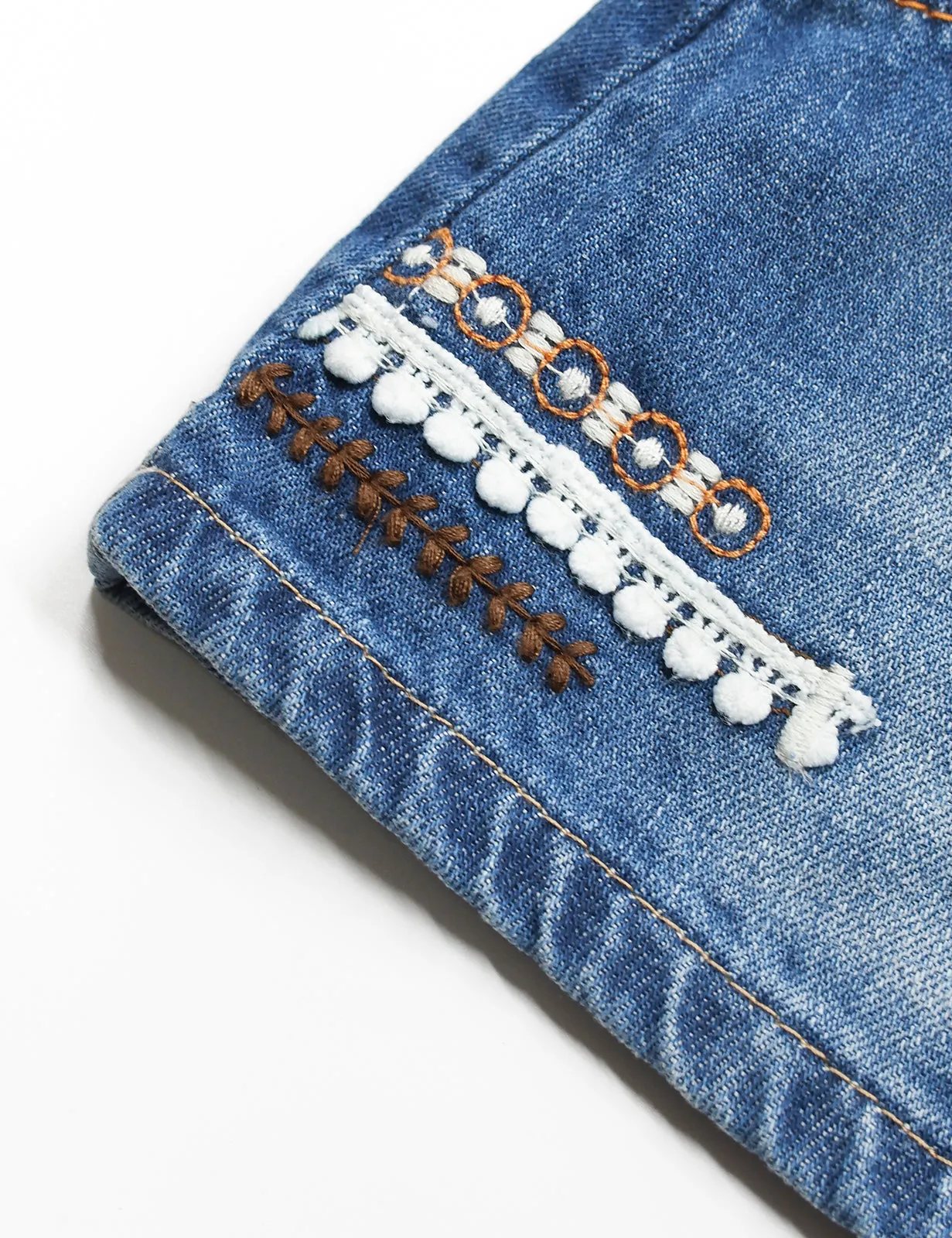 Baby Little Girls Fox Flowers Embroidered Lace Denim Overall Dress