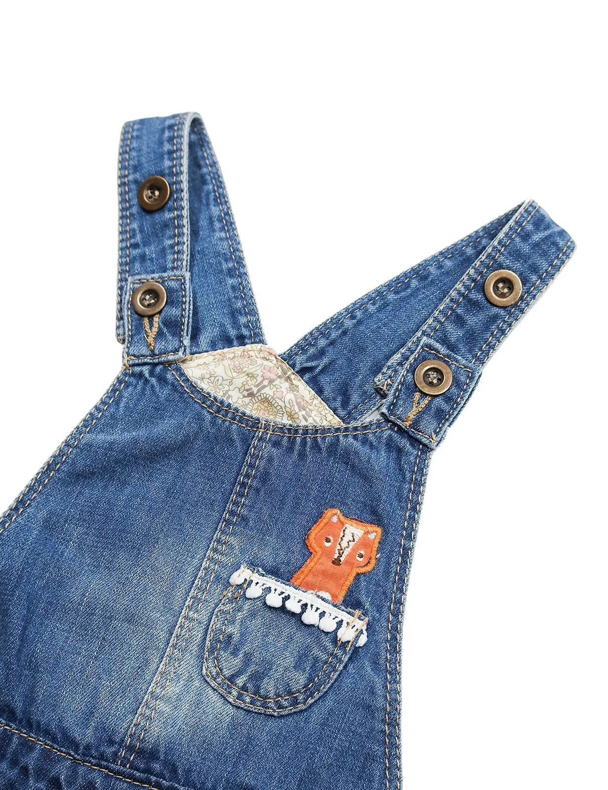 Baby Little Girls Fox Flowers Embroidered Lace Denim Overall Dress
