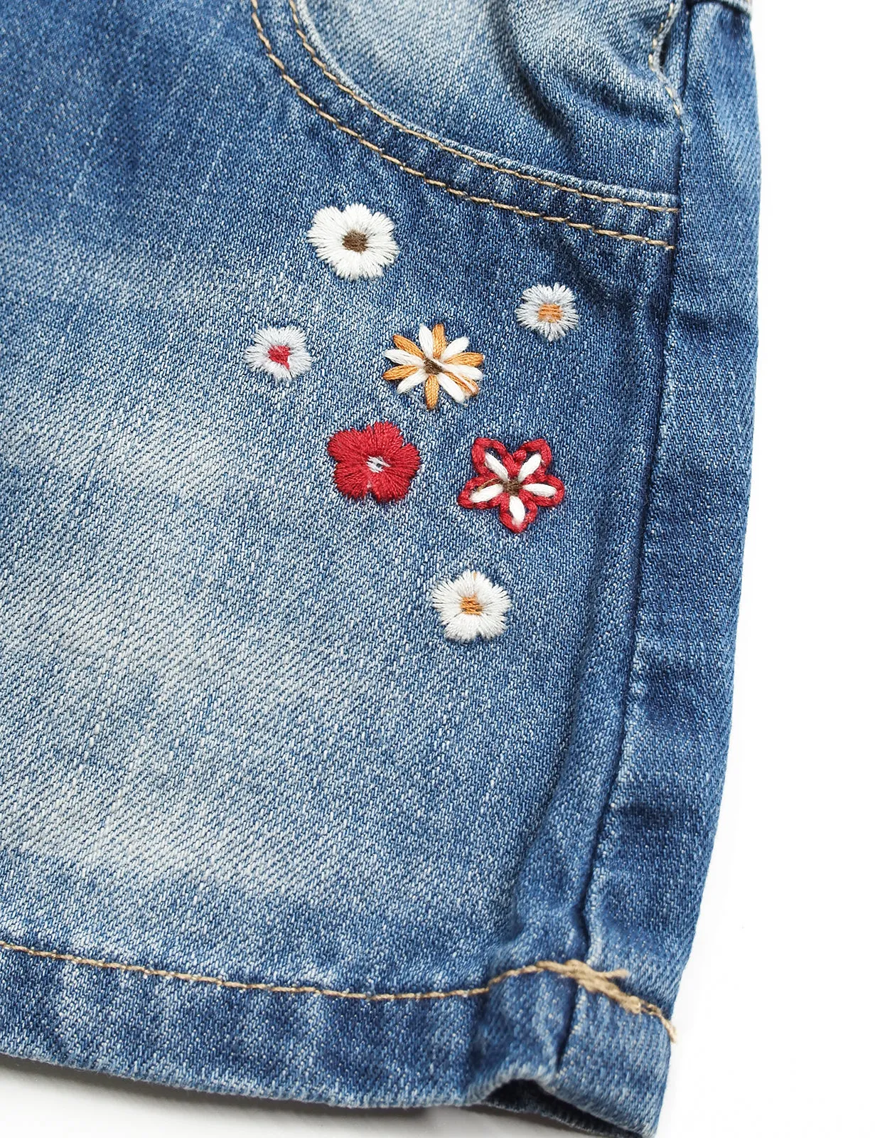 Baby Little Girls Fox Flowers Embroidered Lace Denim Overall Dress