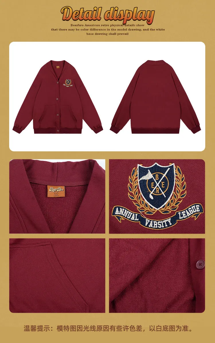 BEER Graphic Image ANNUAL VARSITY LEAGUE Long Sleeve V-Neck Button Up Sweatshirt