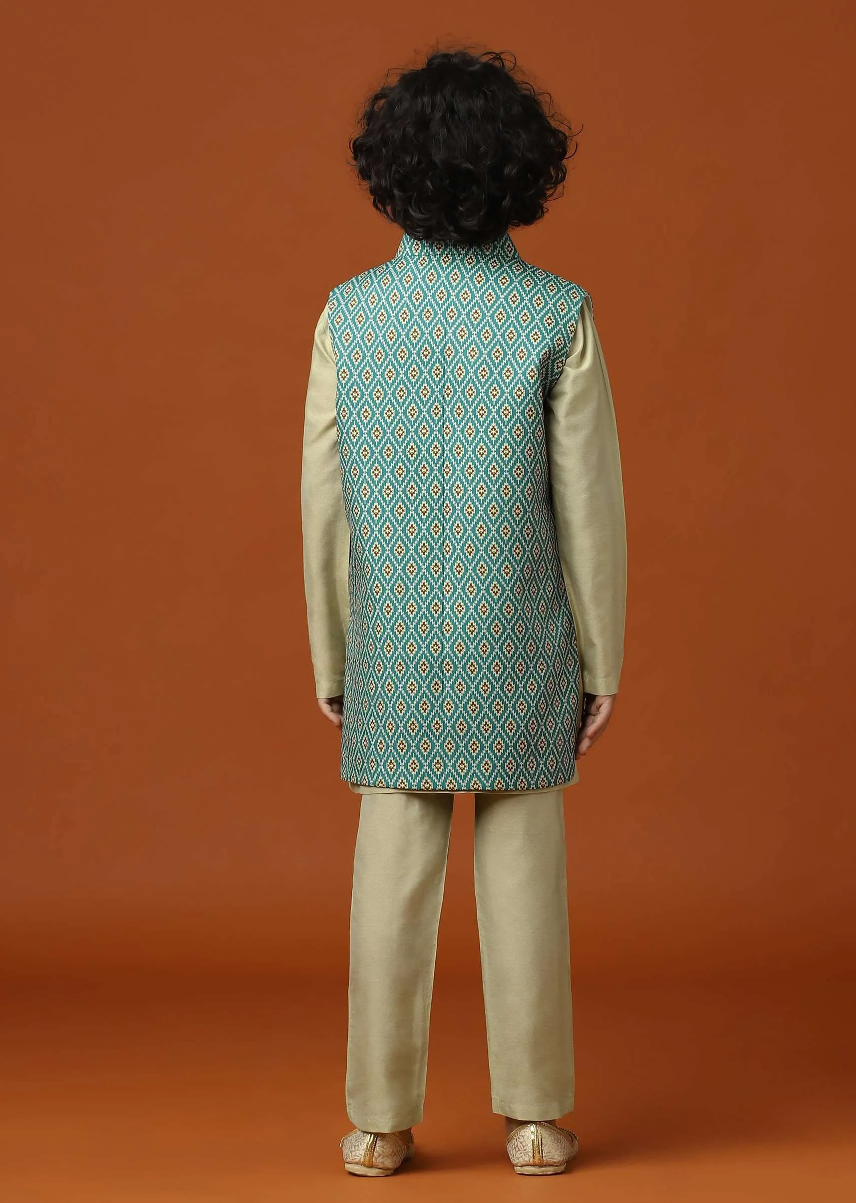 Beige White Patola Printed Jacket And Kurta Set In Silk For Boys