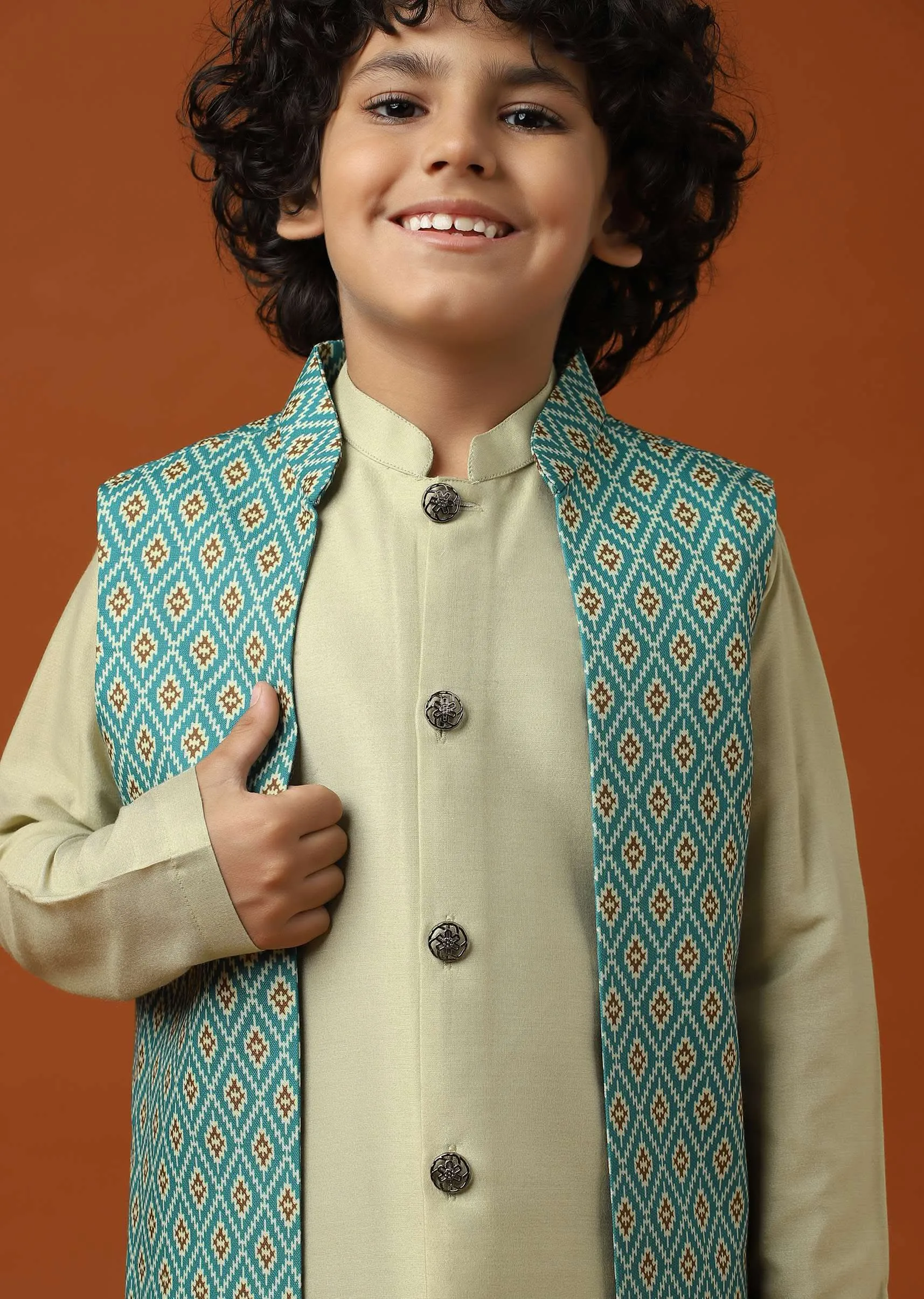 Beige White Patola Printed Jacket And Kurta Set In Silk For Boys