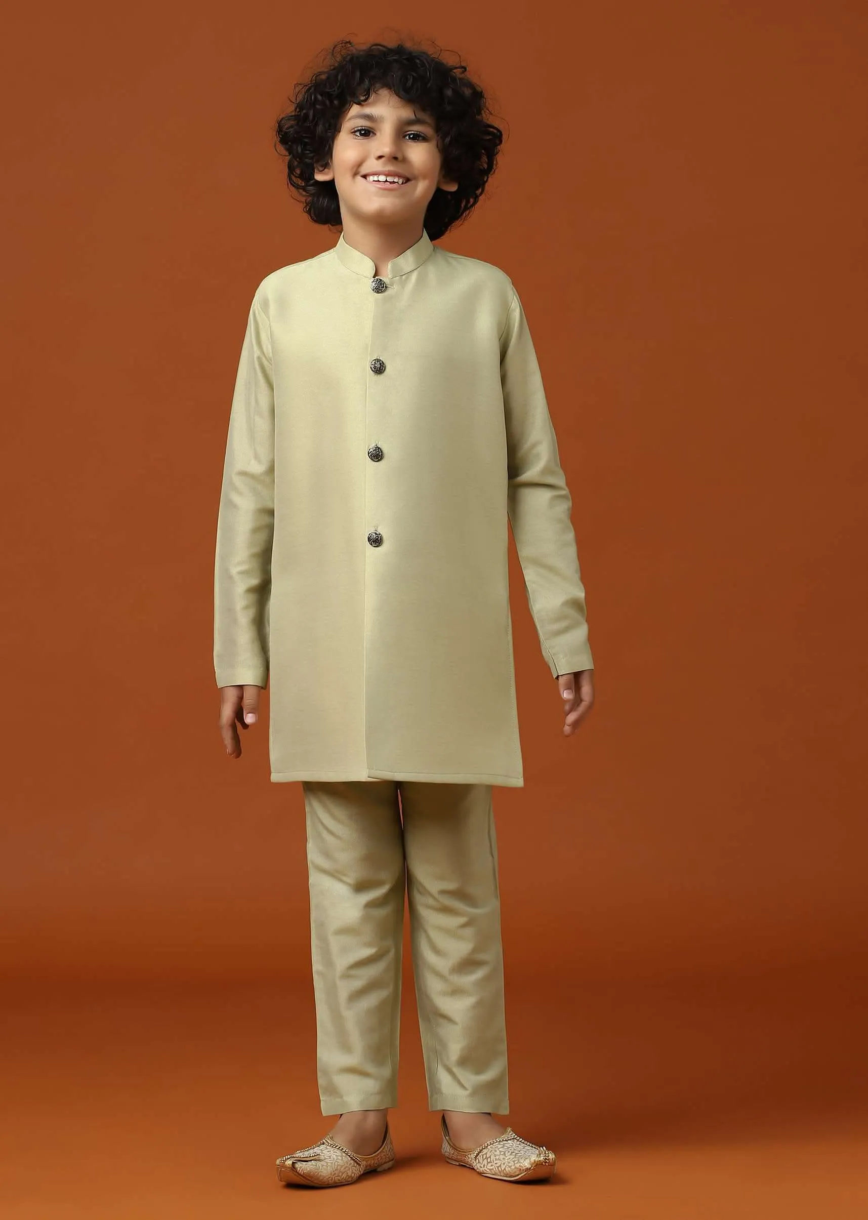 Beige White Patola Printed Jacket And Kurta Set In Silk For Boys