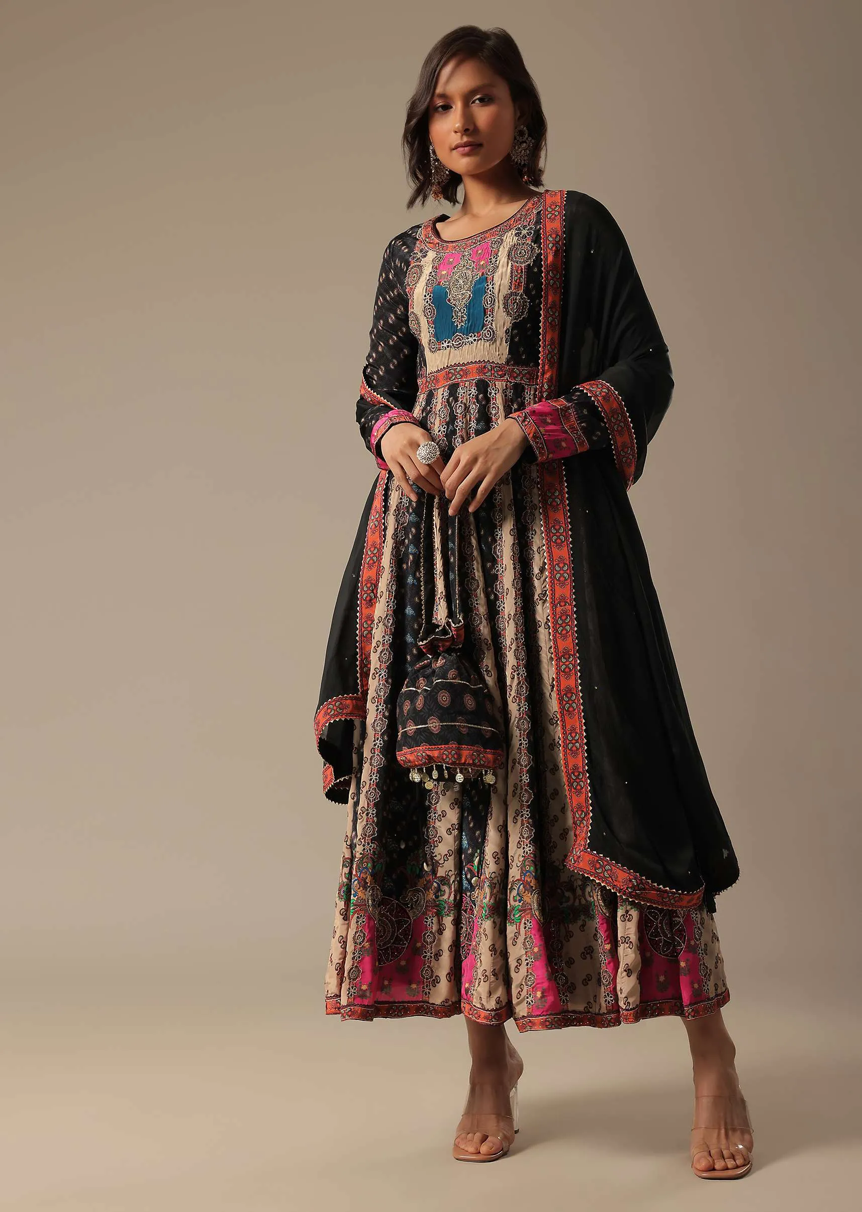Black Printed Anarkali Set With Potli