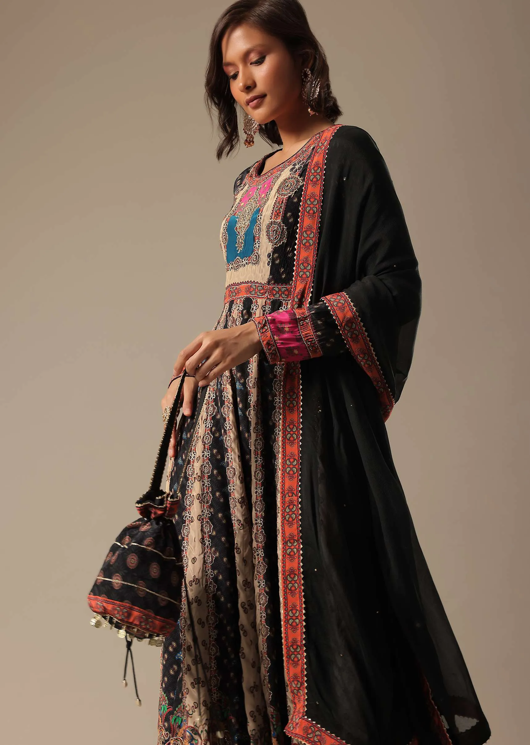 Black Printed Anarkali Set With Potli