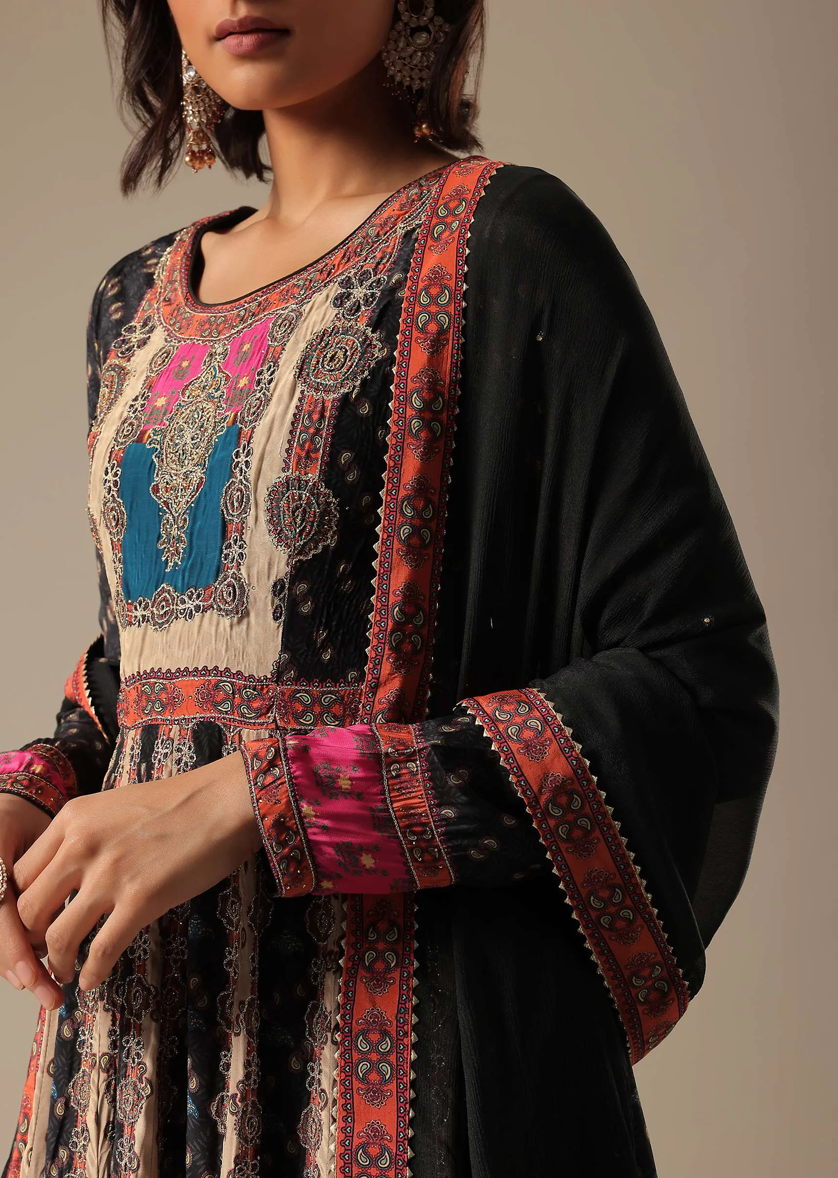 Black Printed Anarkali Set With Potli