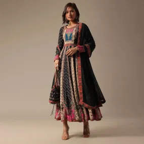 Black Printed Anarkali Set With Potli