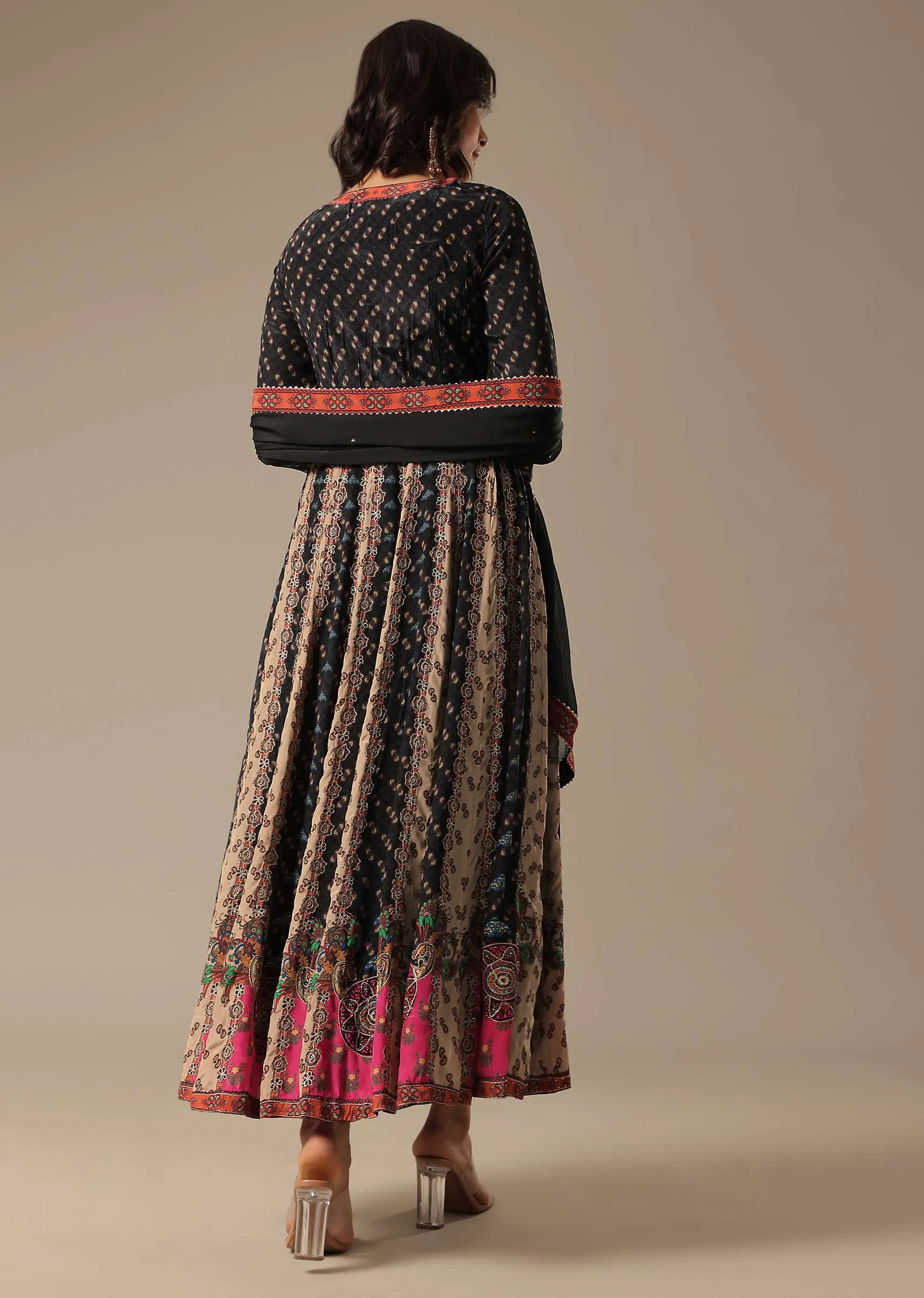 Black Printed Anarkali Set With Potli