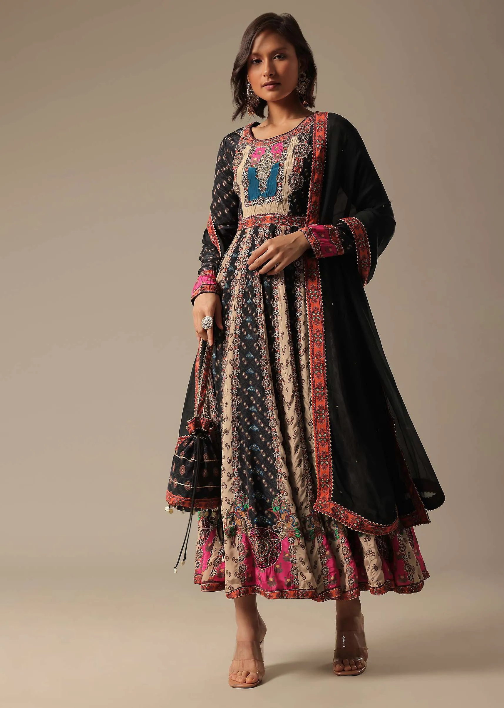 Black Printed Anarkali Set With Potli