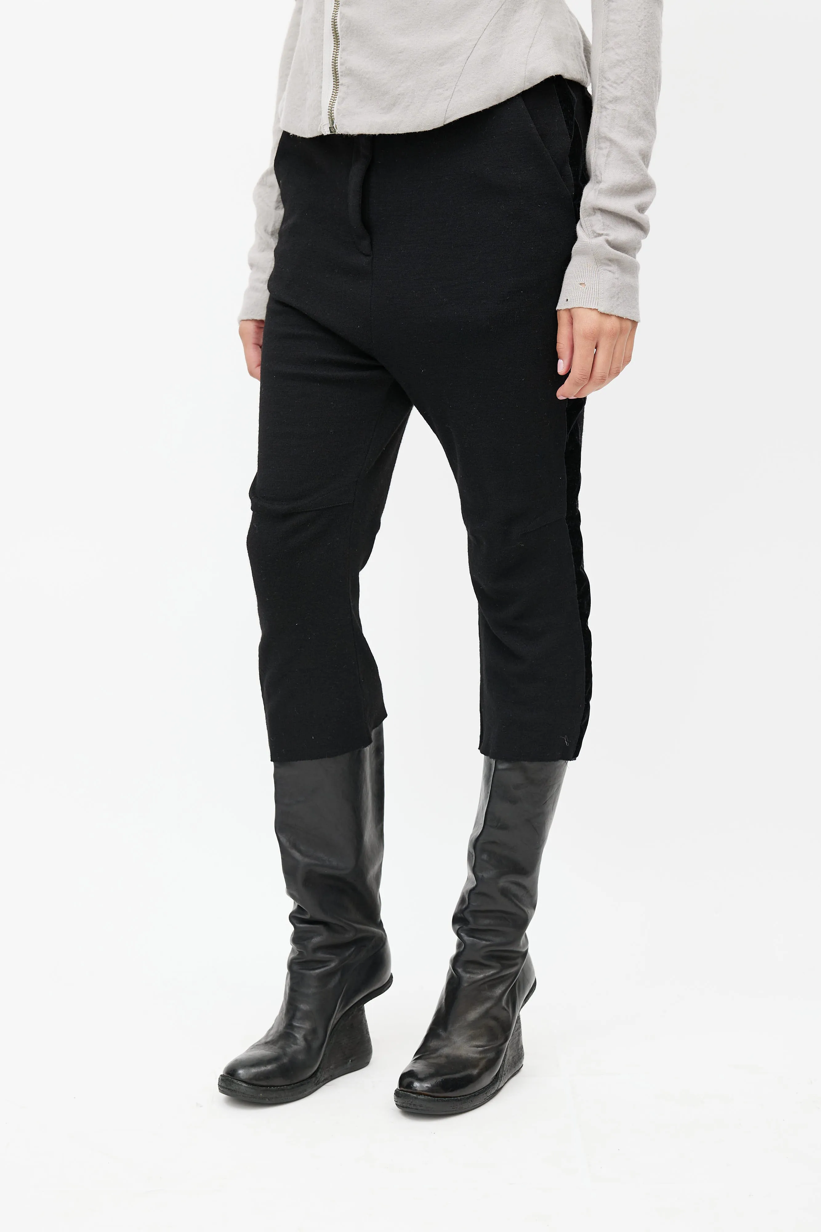 Black Wool & Velvet Cropped Pant