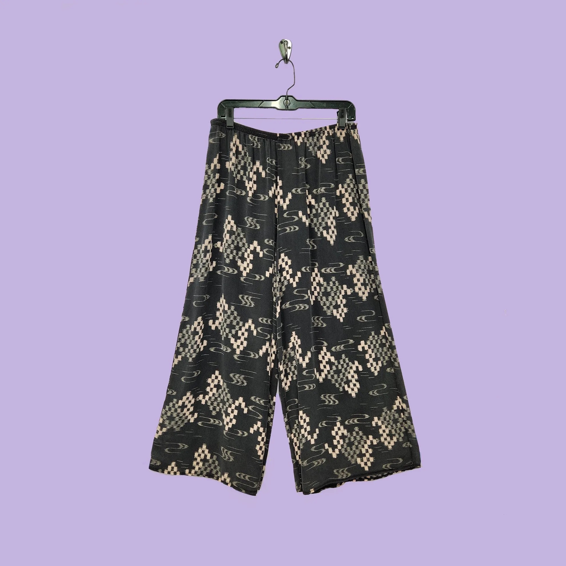 Boat Pants in Black Ikat Ivory Printed Silk