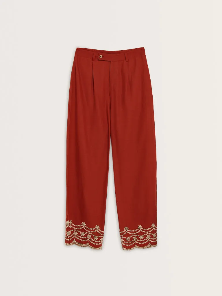 Bombay Paisley Red Schiffli Design High-Rise Cotton Pants