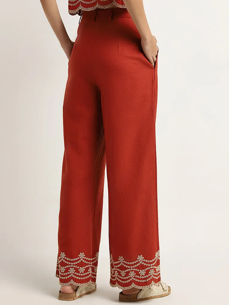Bombay Paisley Red Schiffli Design High-Rise Cotton Pants