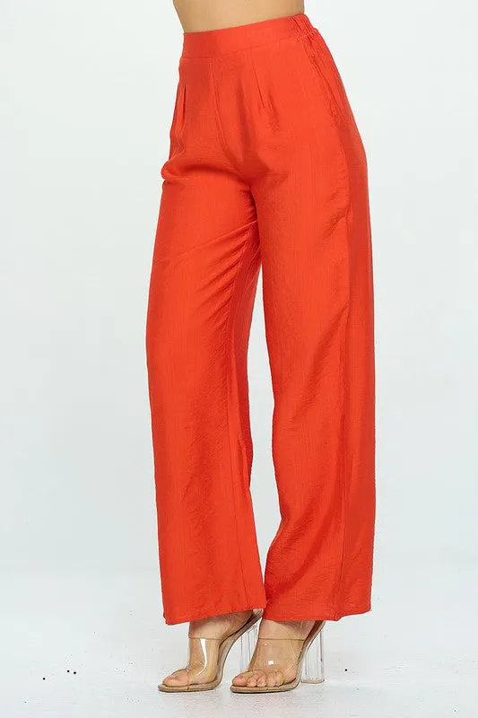 Coral Solid Wide Leg Pants With Elastic Waist