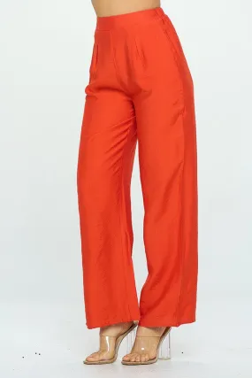 Coral Solid Wide Leg Pants With Elastic Waist