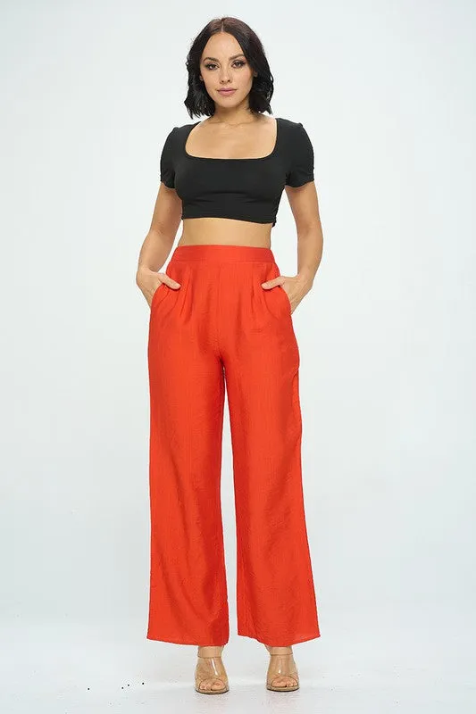 Coral Solid Wide Leg Pants With Elastic Waist