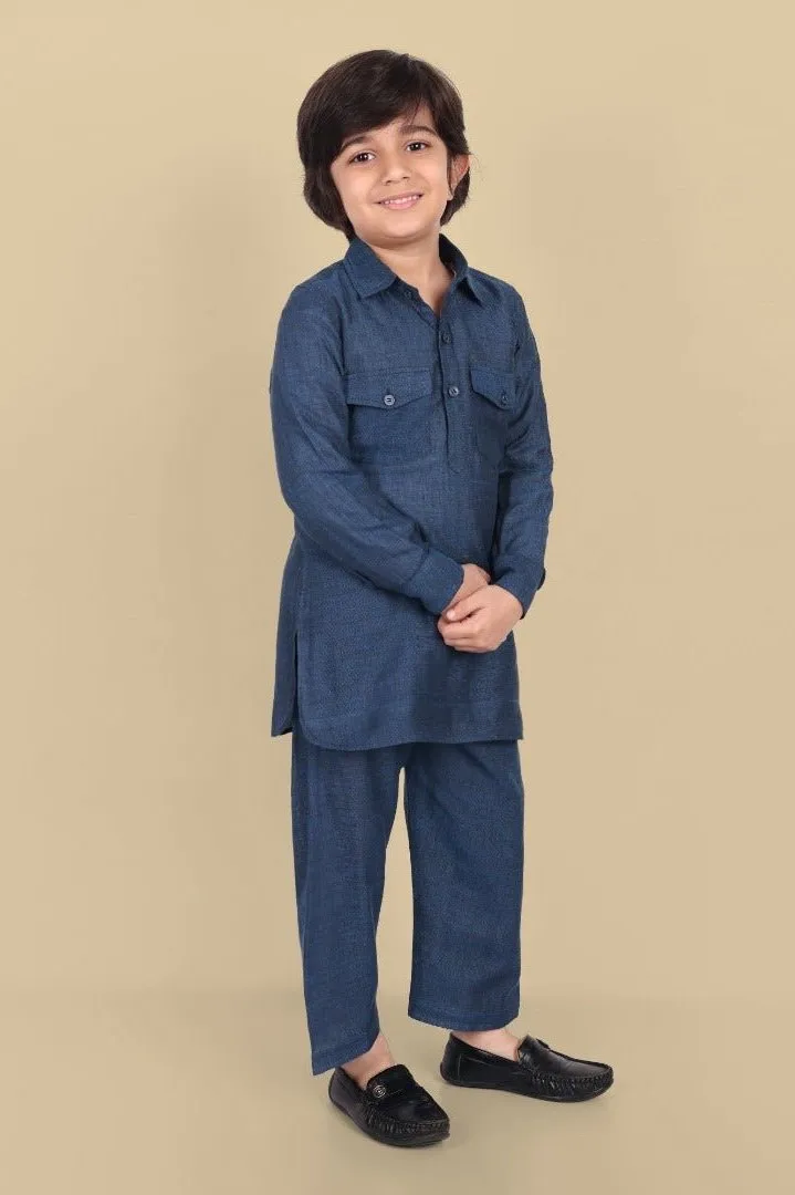 Cotton Linen Pathani Style Blue - Set of 2