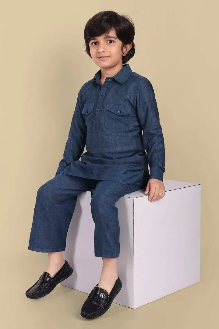 Cotton Linen Pathani Style Blue - Set of 2
