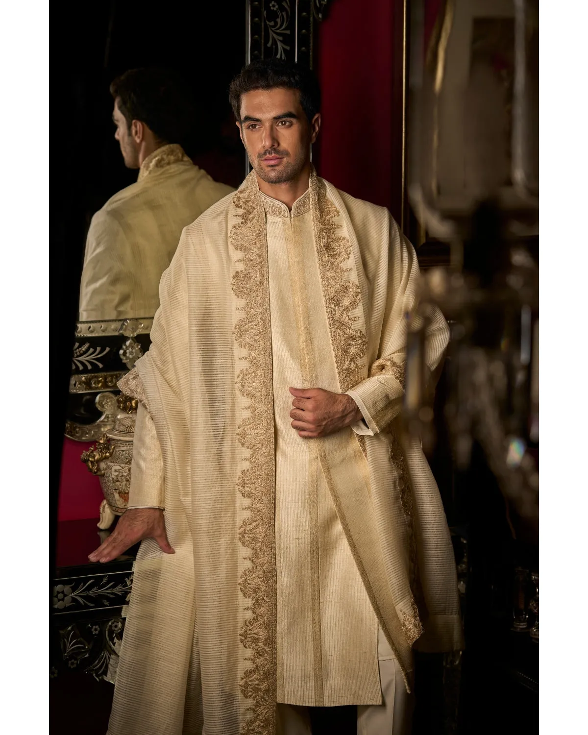 Cream Zari Sherwani Set