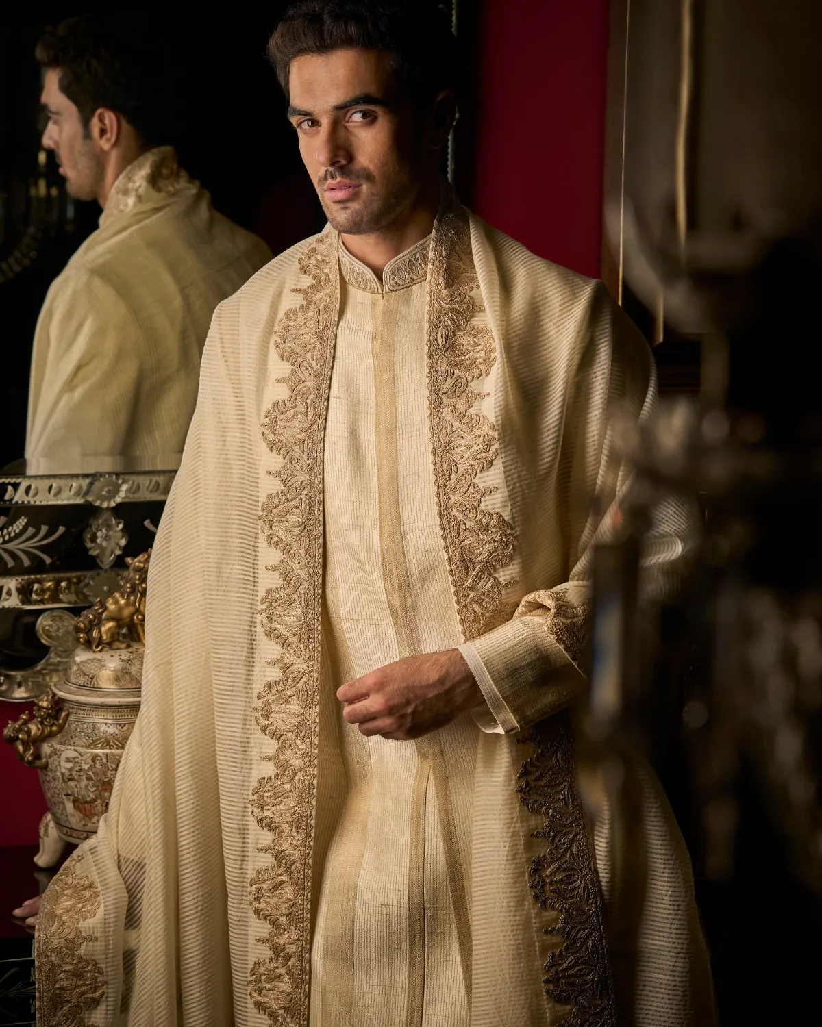 Cream Zari Sherwani Set