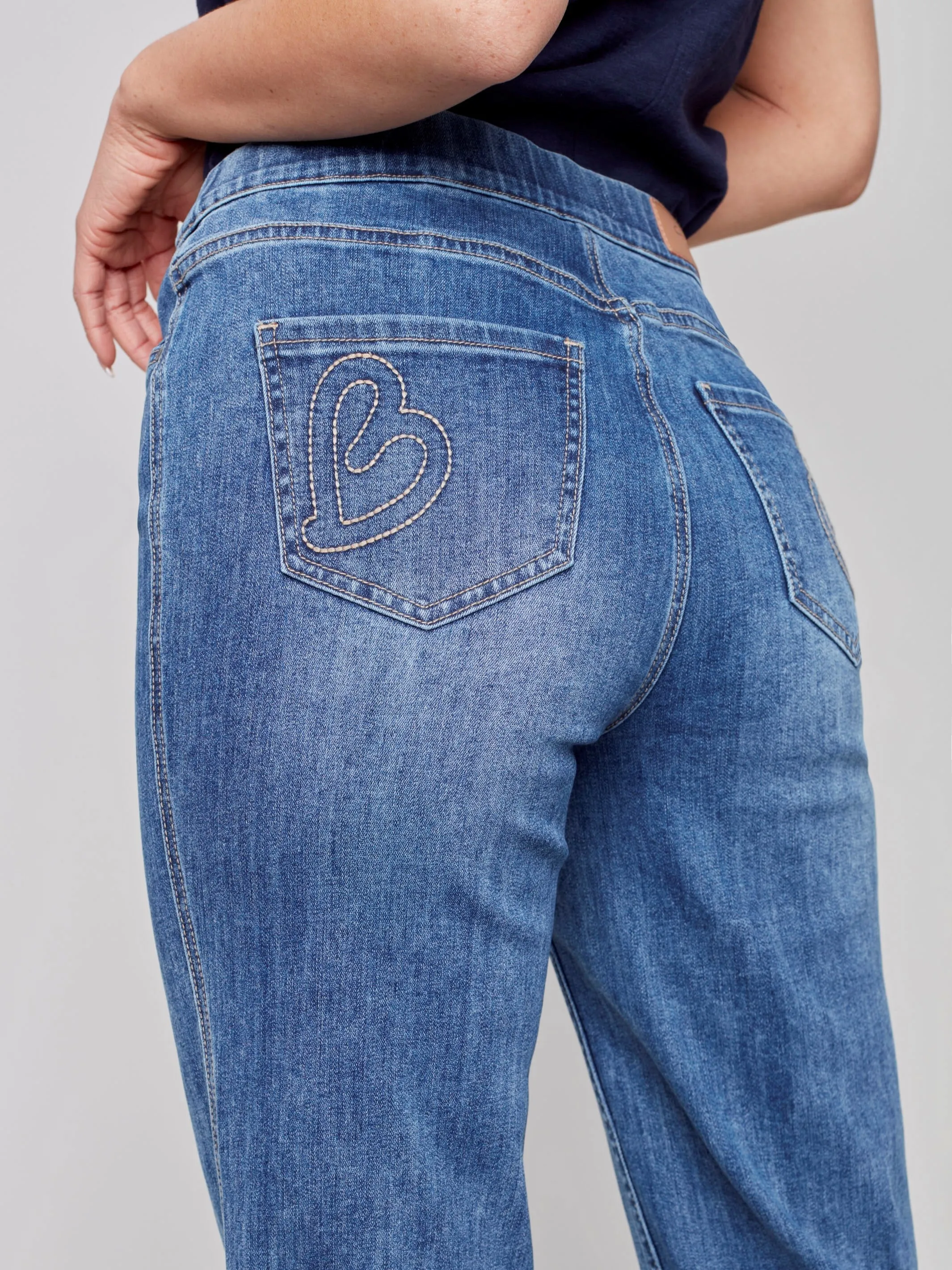 Cropped Pull-On Jeans with Hem Tab - Medium Blue