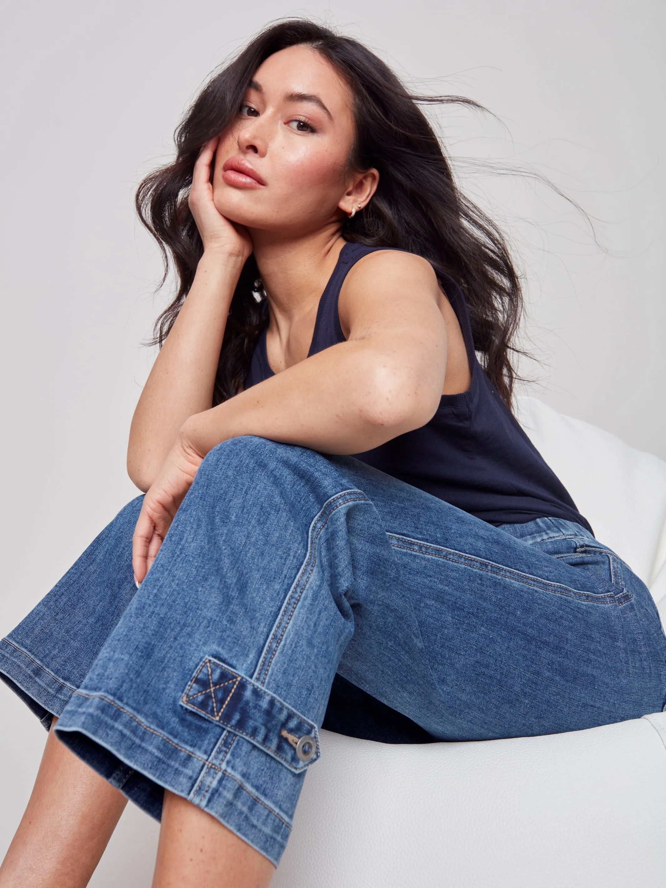 Cropped Pull-On Jeans with Hem Tab - Medium Blue