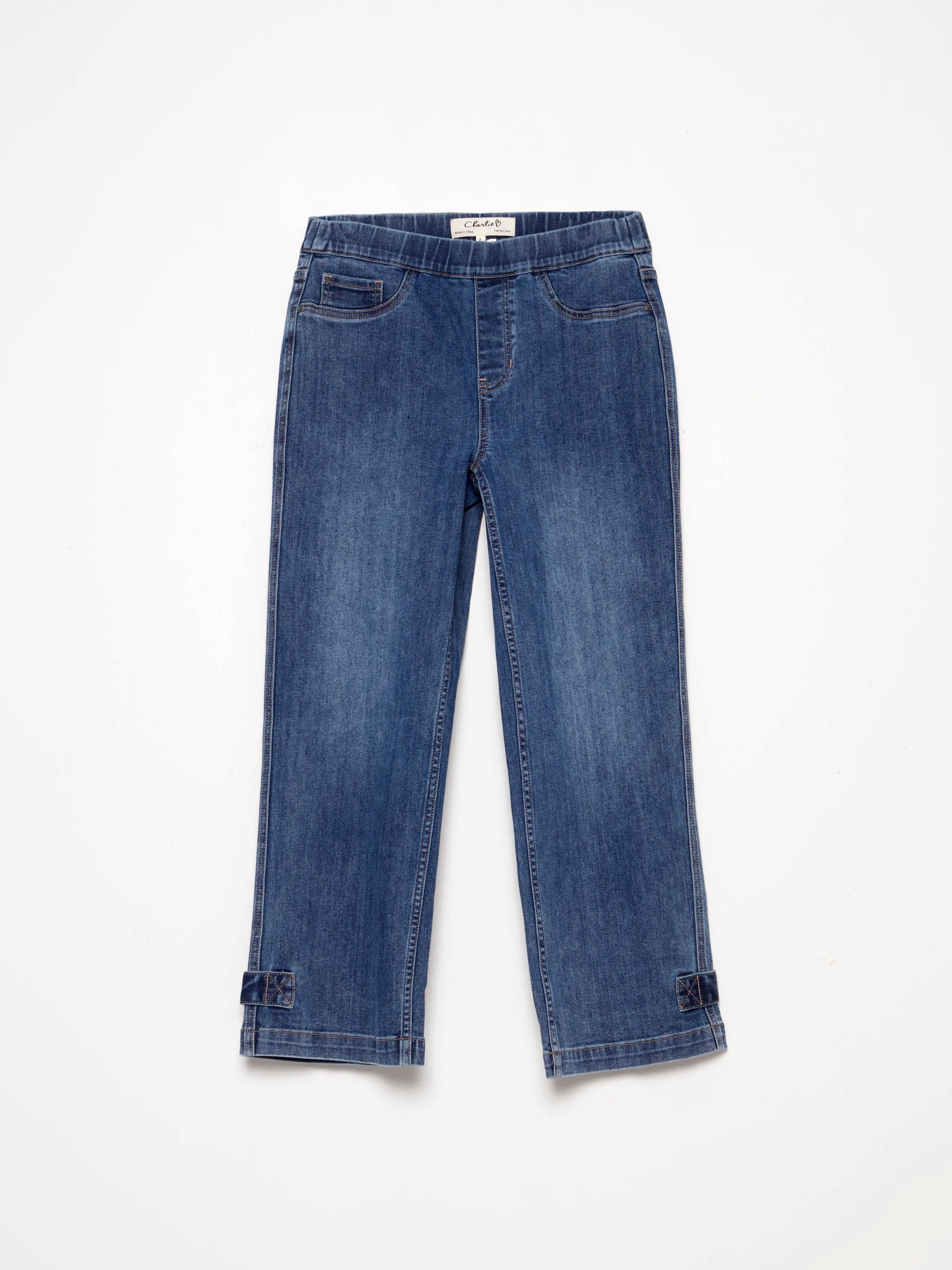 Cropped Pull-On Jeans with Hem Tab - Medium Blue