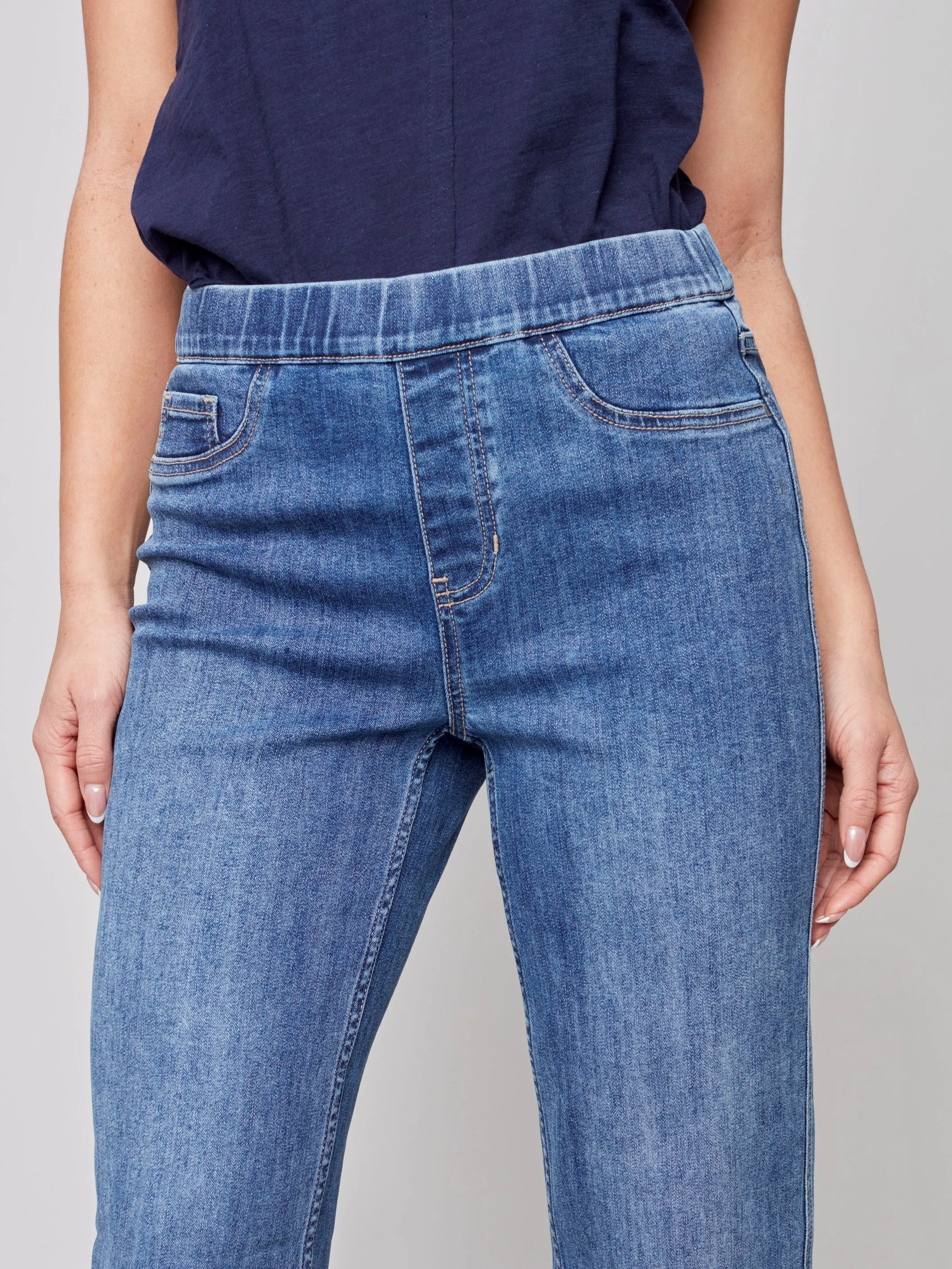 Cropped Pull-On Jeans with Hem Tab - Medium Blue