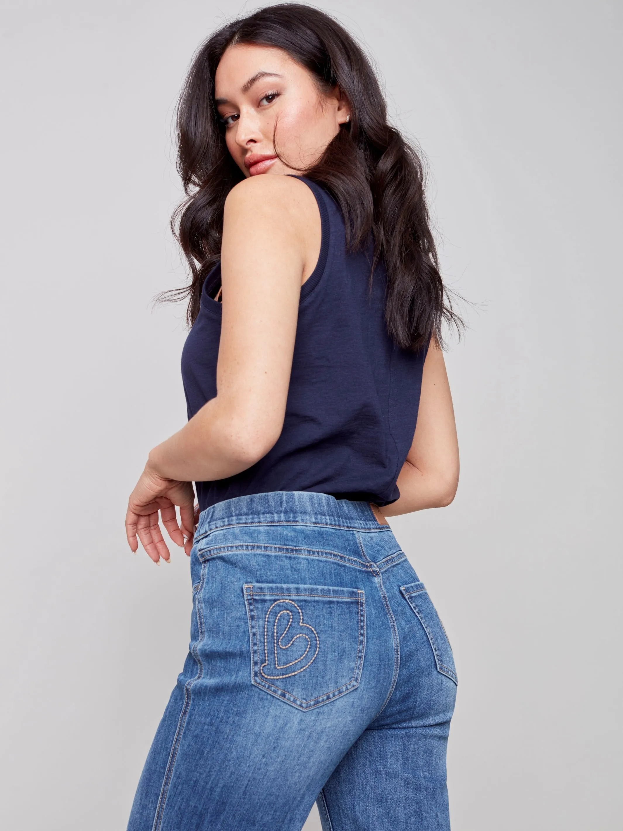 Cropped Pull-On Jeans with Hem Tab - Medium Blue