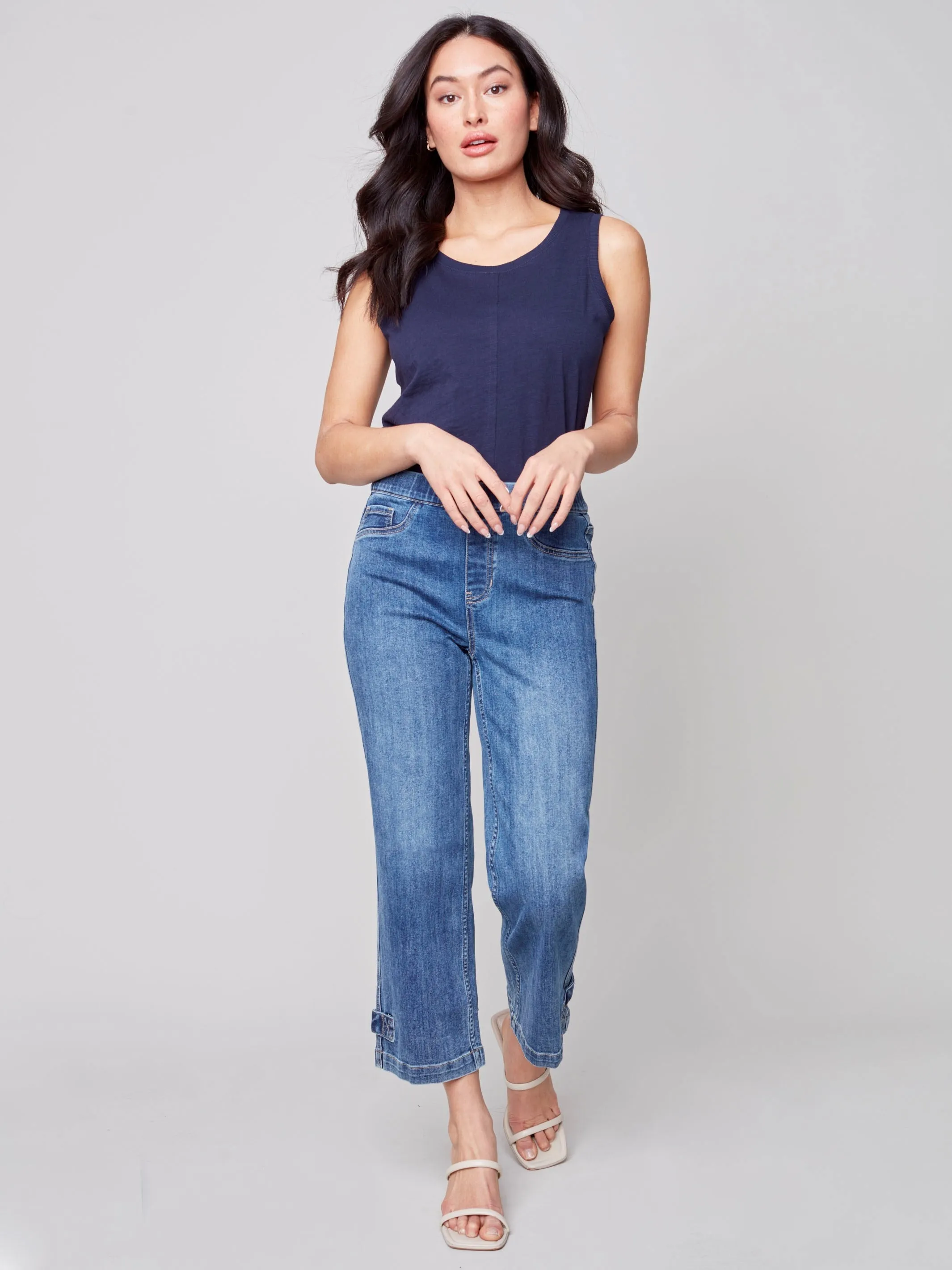 Cropped Pull-On Jeans with Hem Tab - Medium Blue