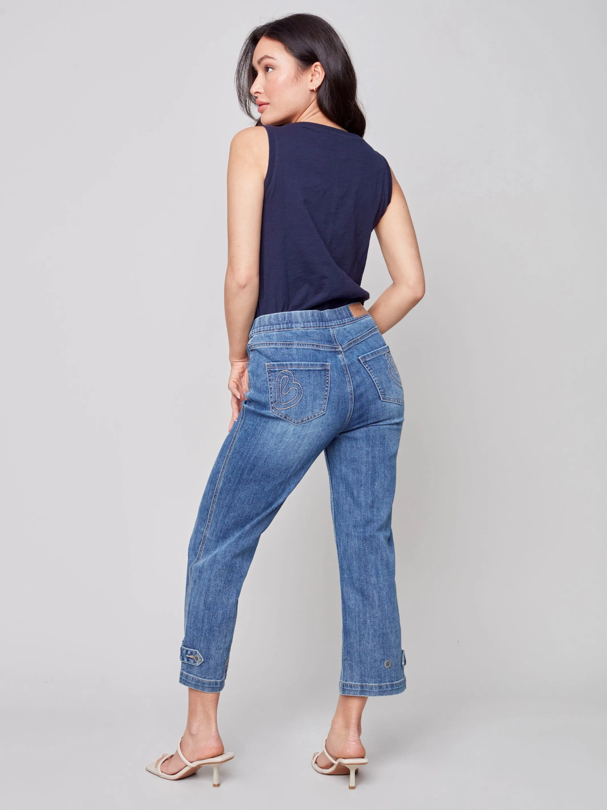 Cropped Pull-On Jeans with Hem Tab - Medium Blue