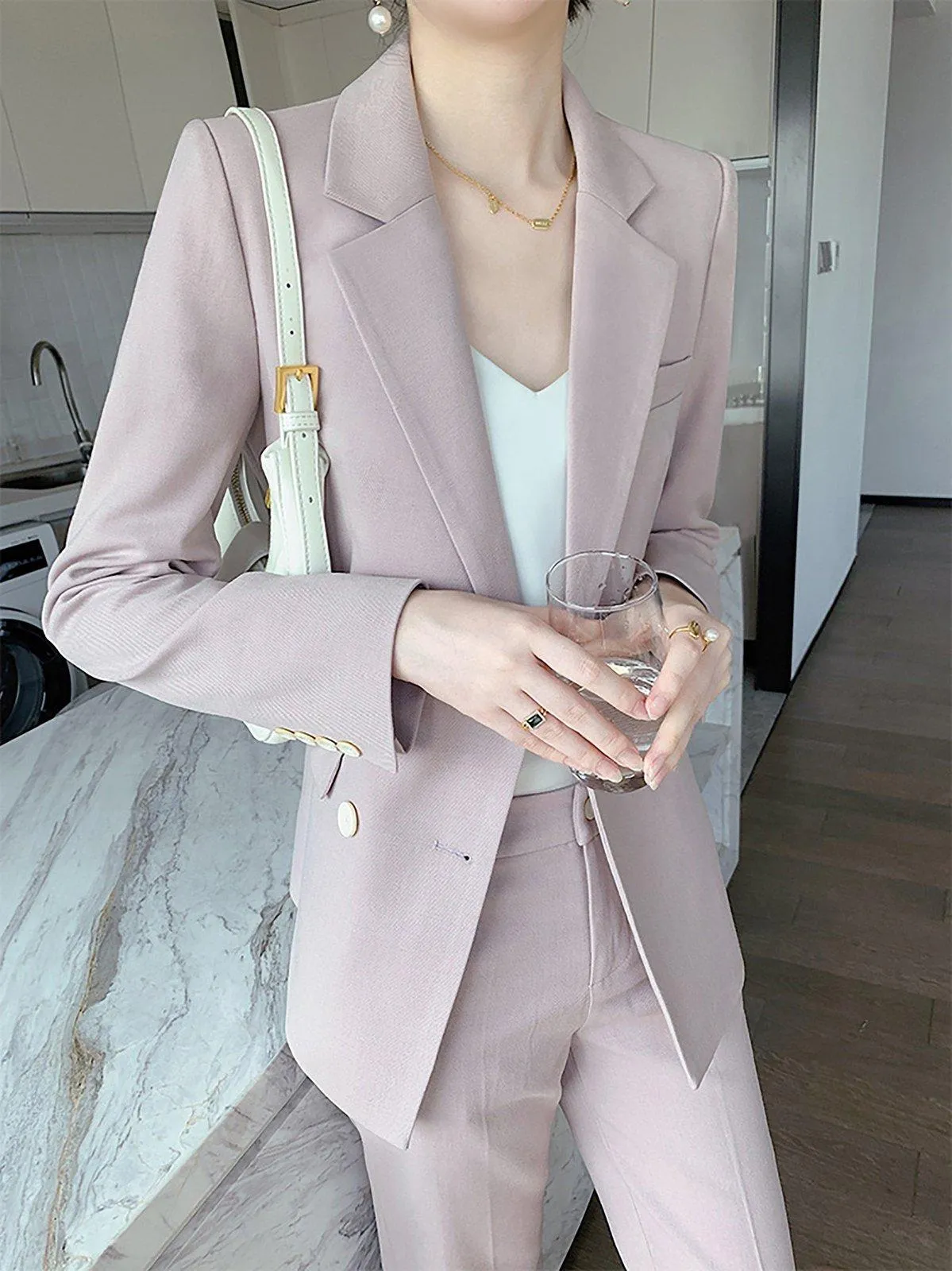 Double Breasted Blazer & Cropped Pants Two-Piece Set