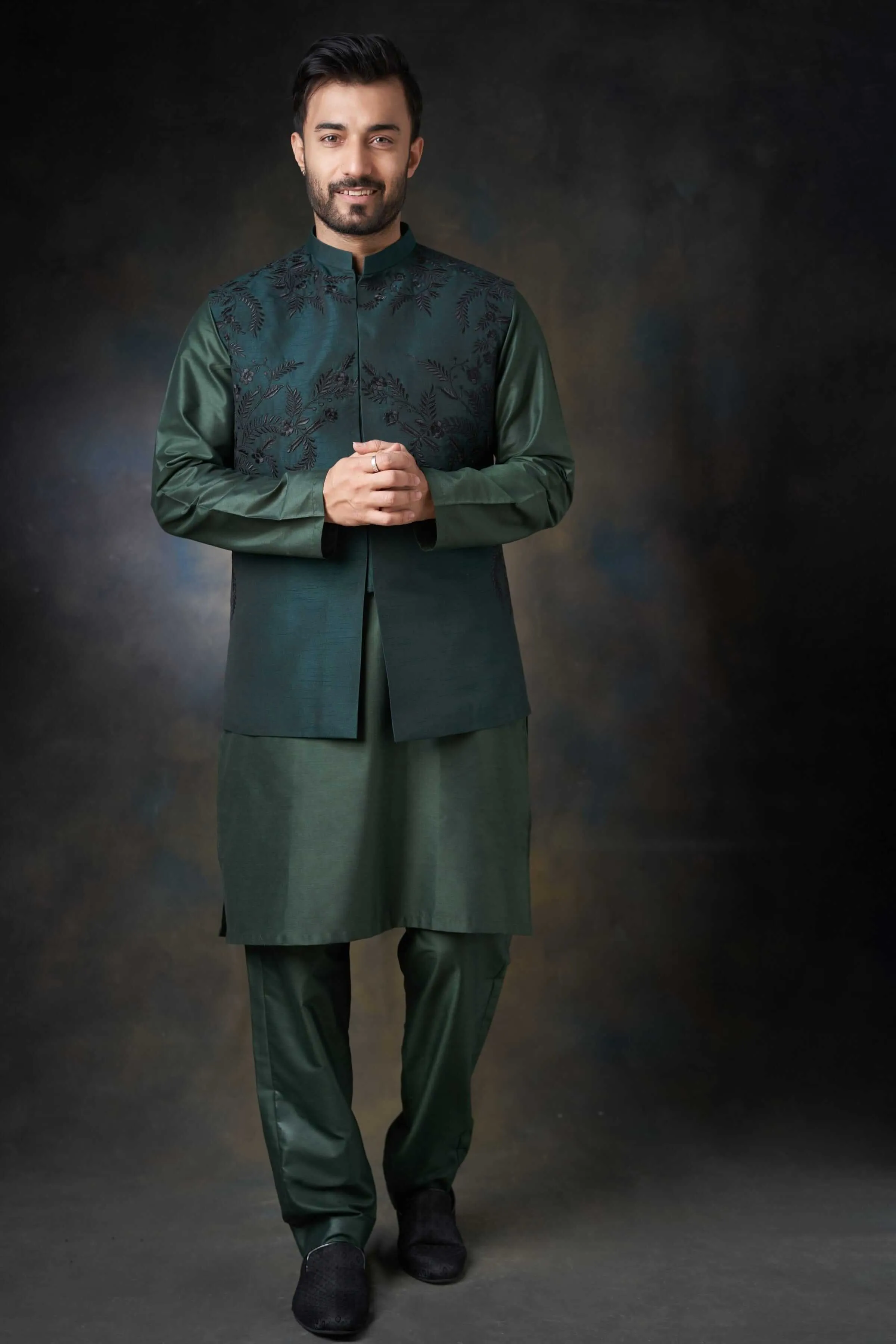Emerald Green Handcrafted Embroidered Waistcoat