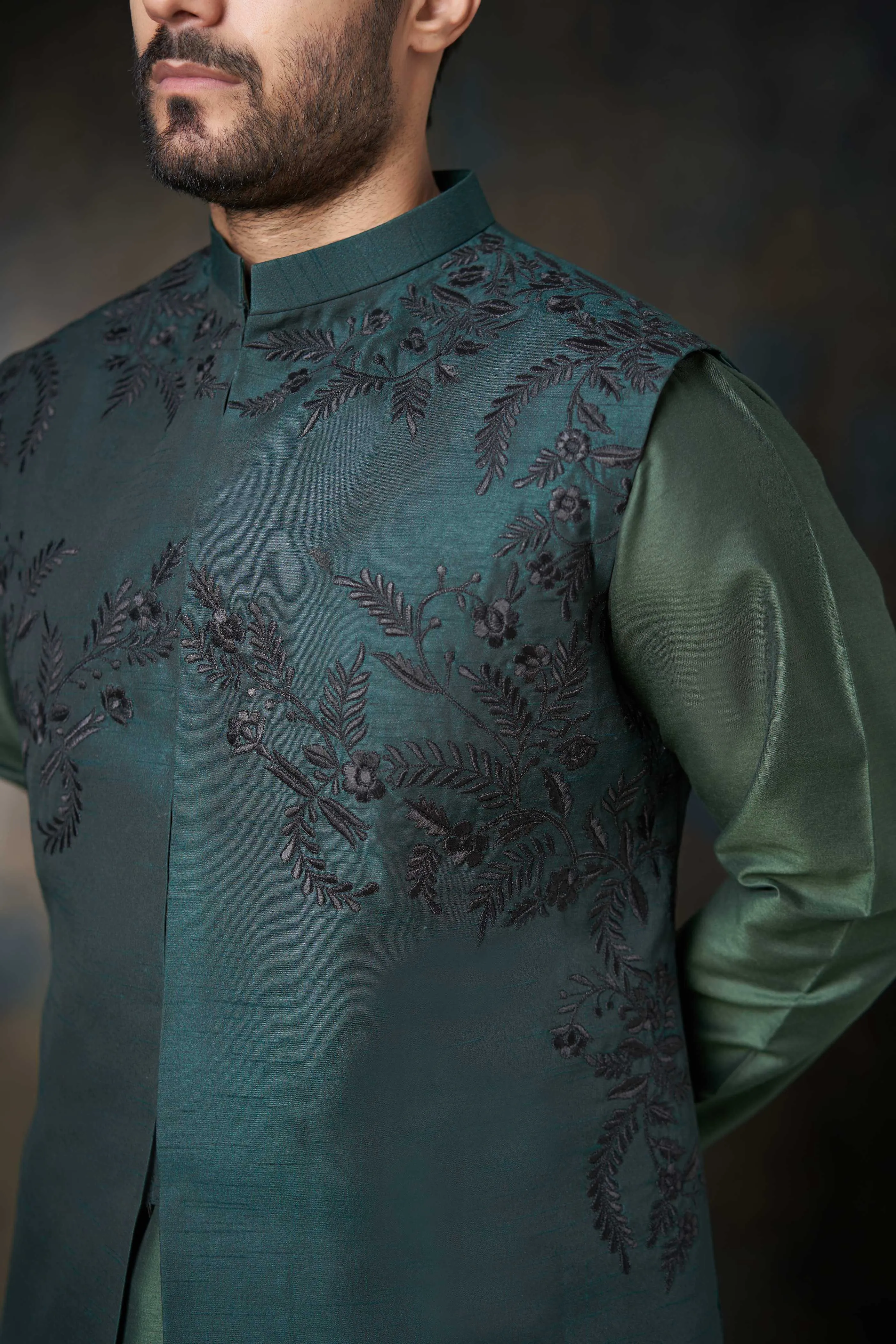 Emerald Green Handcrafted Embroidered Waistcoat
