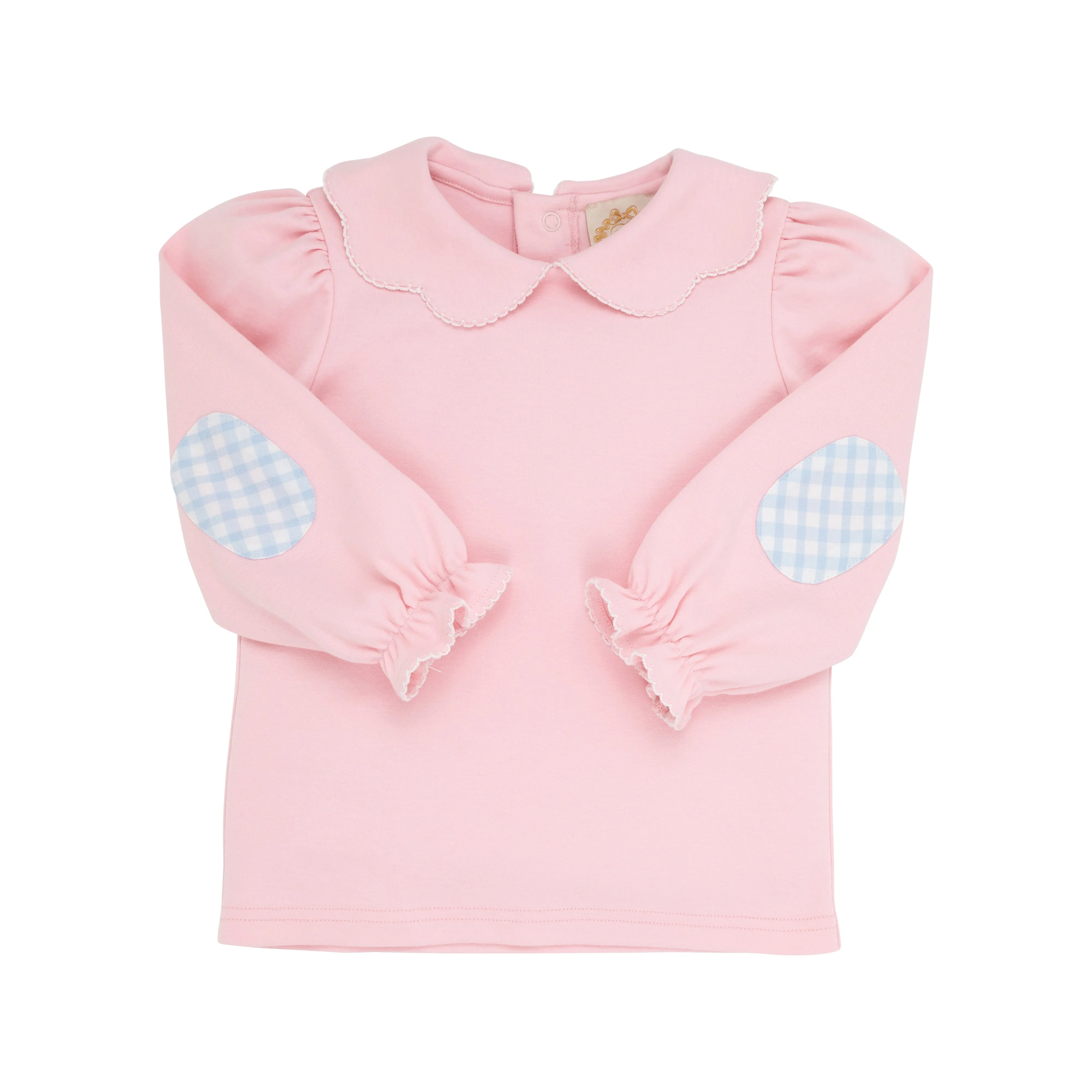 Emma's Elbow Patch Top & Onesie - Palm Beach Pink with Worth Avenue White Picot & Beale Street Blue Gingham Elbow Patches