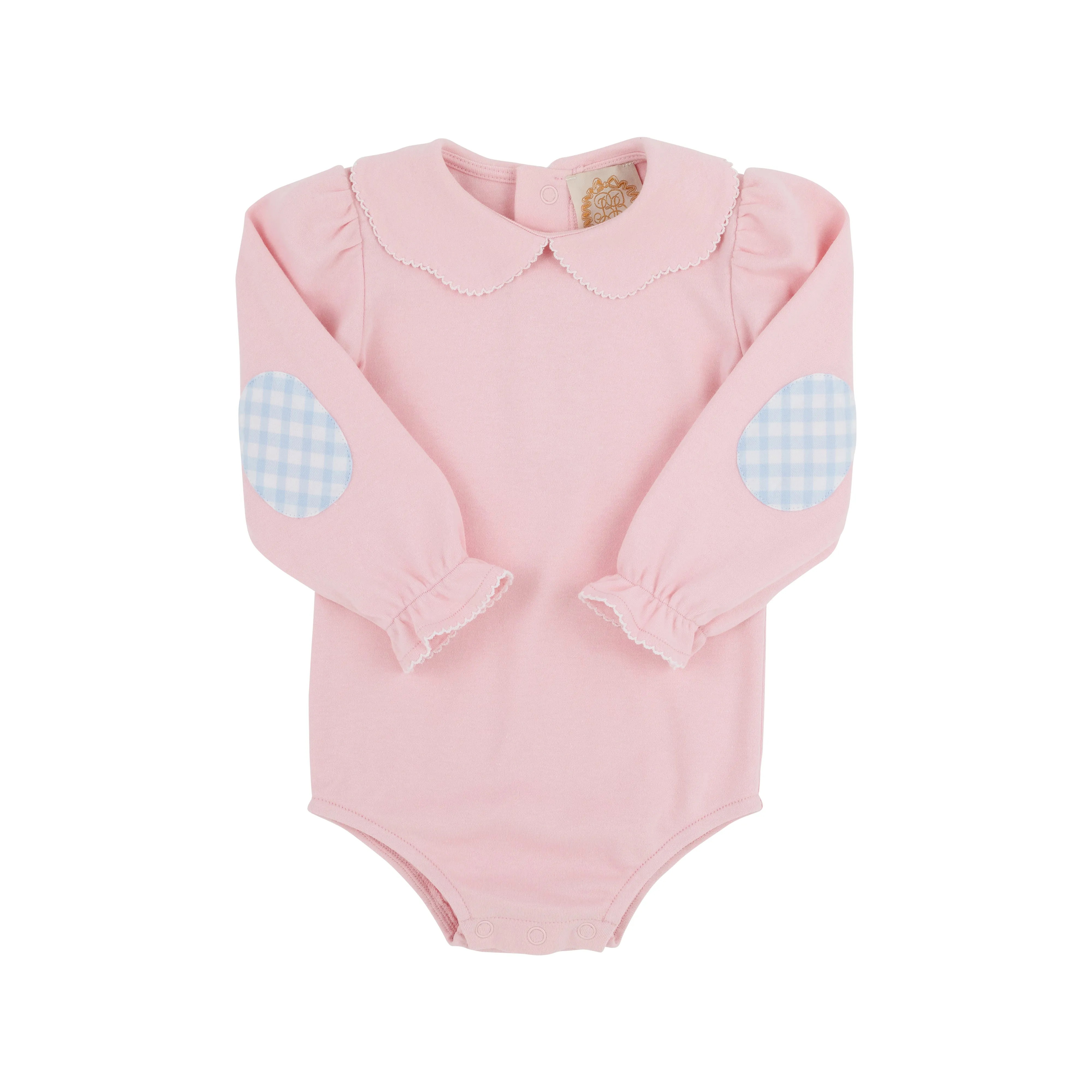 Emma's Elbow Patch Top & Onesie - Palm Beach Pink with Worth Avenue White Picot & Beale Street Blue Gingham Elbow Patches