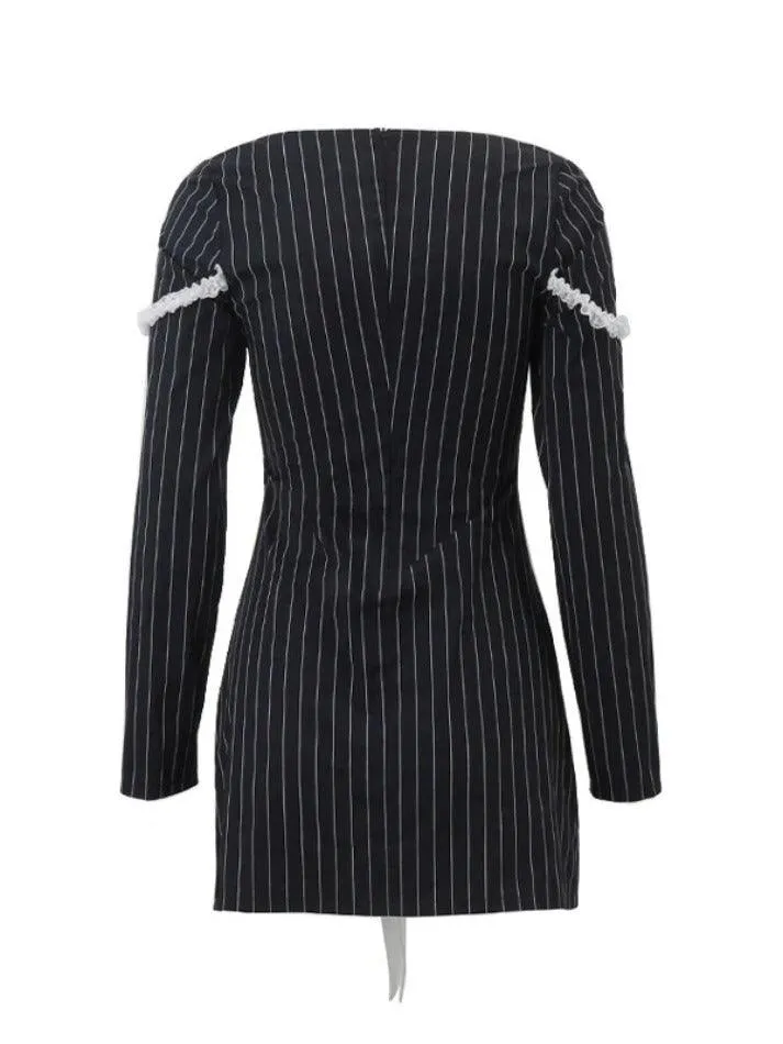 French Square Neck Bow Lace Up Pinstripe Mini Dress