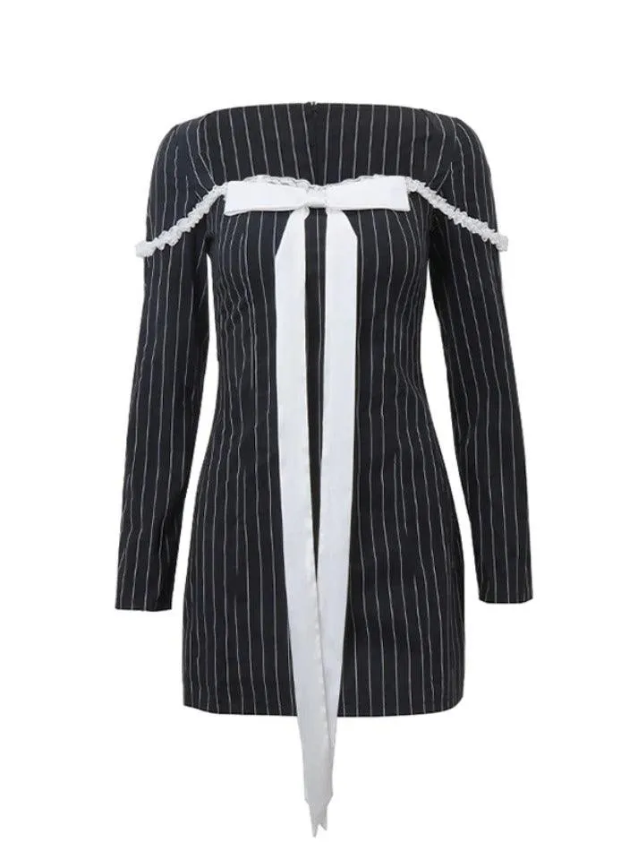 French Square Neck Bow Lace Up Pinstripe Mini Dress