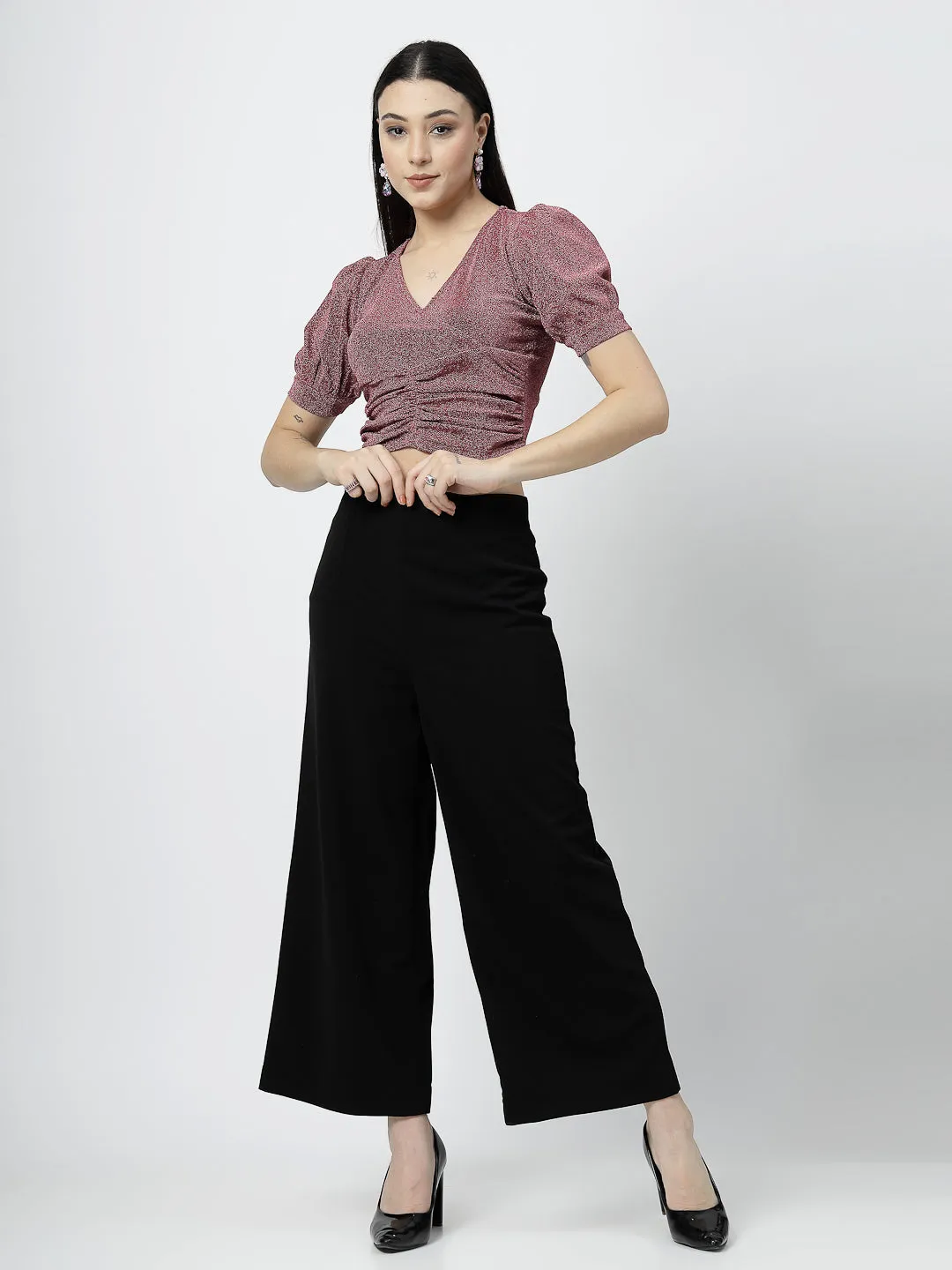 Fuchsia Front Wrap with Ruching Top and Black Pant