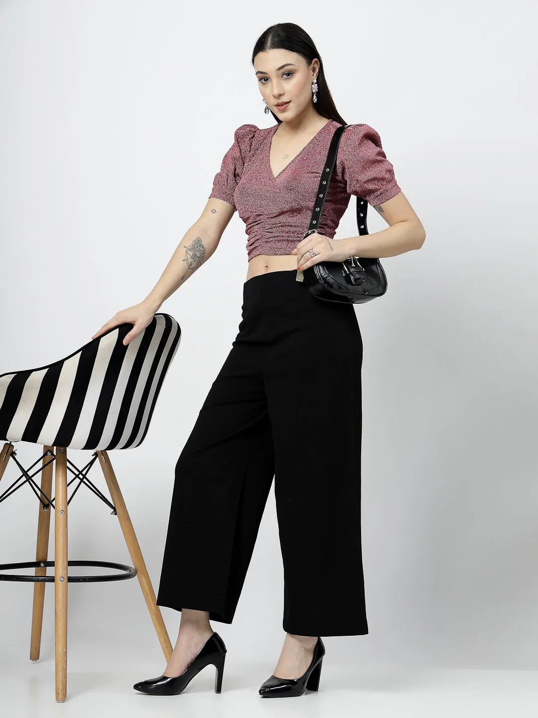 Fuchsia Front Wrap with Ruching Top and Black Pant