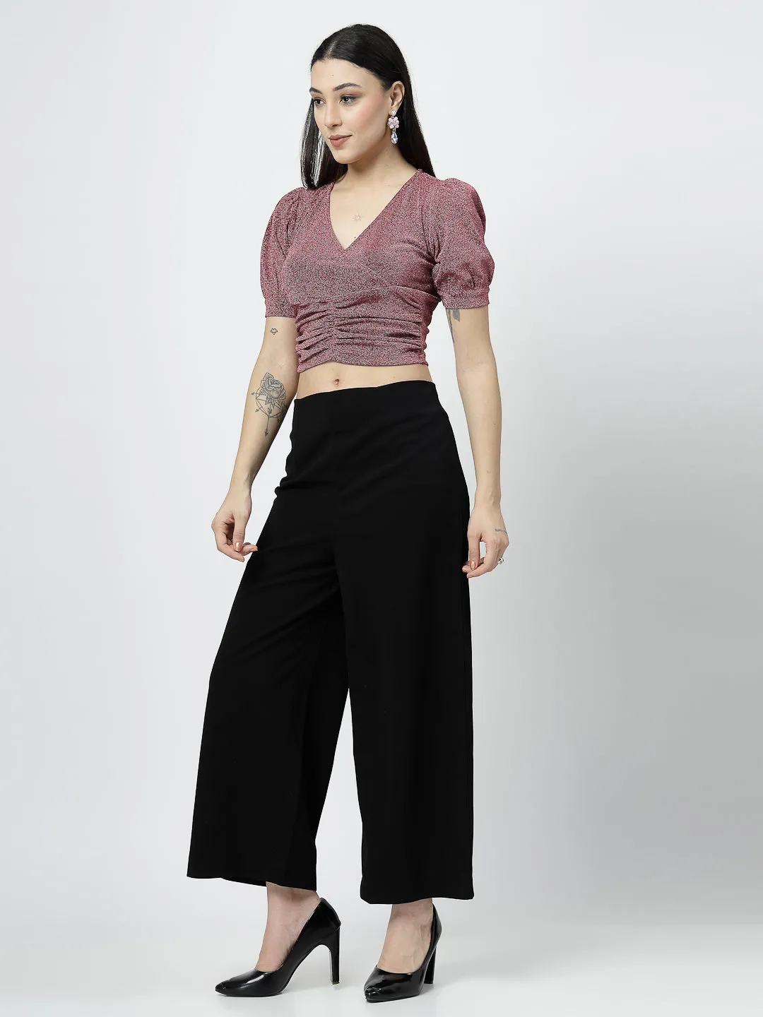Fuchsia Front Wrap with Ruching Top and Black Pant
