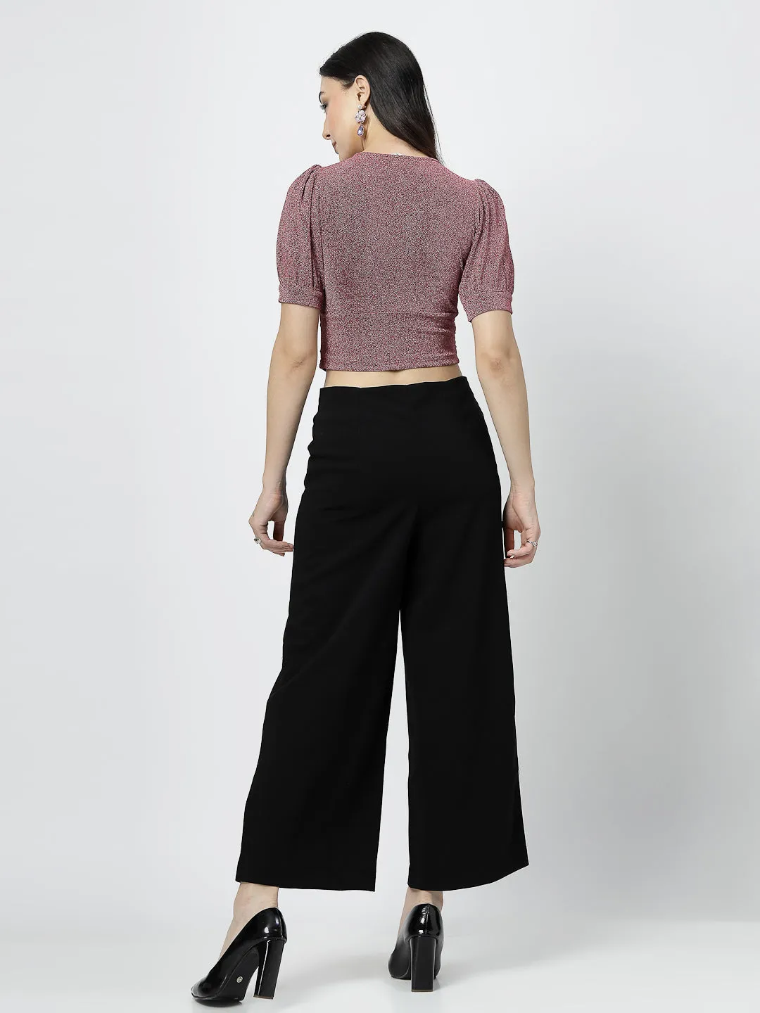 Fuchsia Front Wrap with Ruching Top and Black Pant