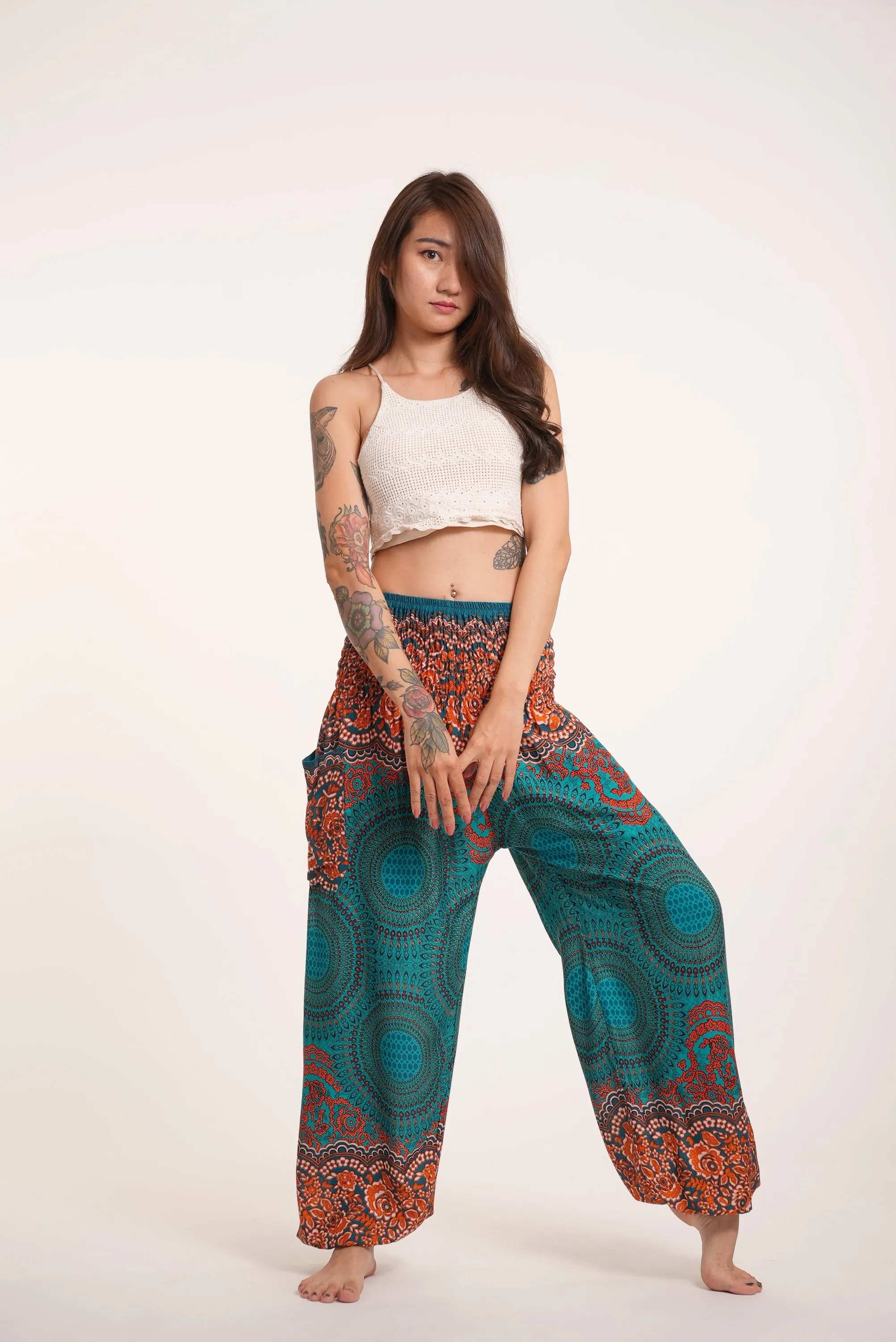 Geometric Mandalas Unisex Harem Pants in Turquoise