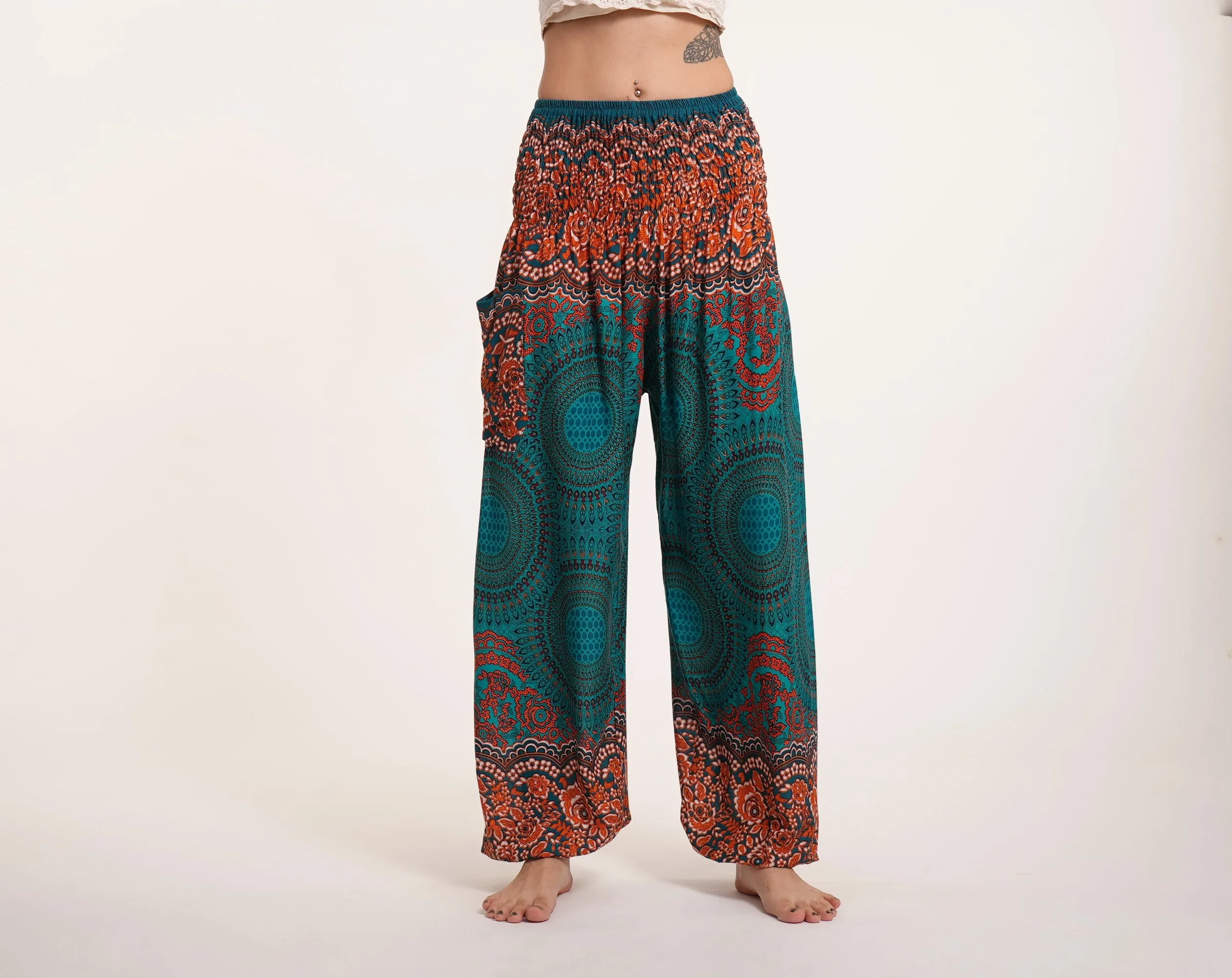 Geometric Mandalas Unisex Harem Pants in Turquoise