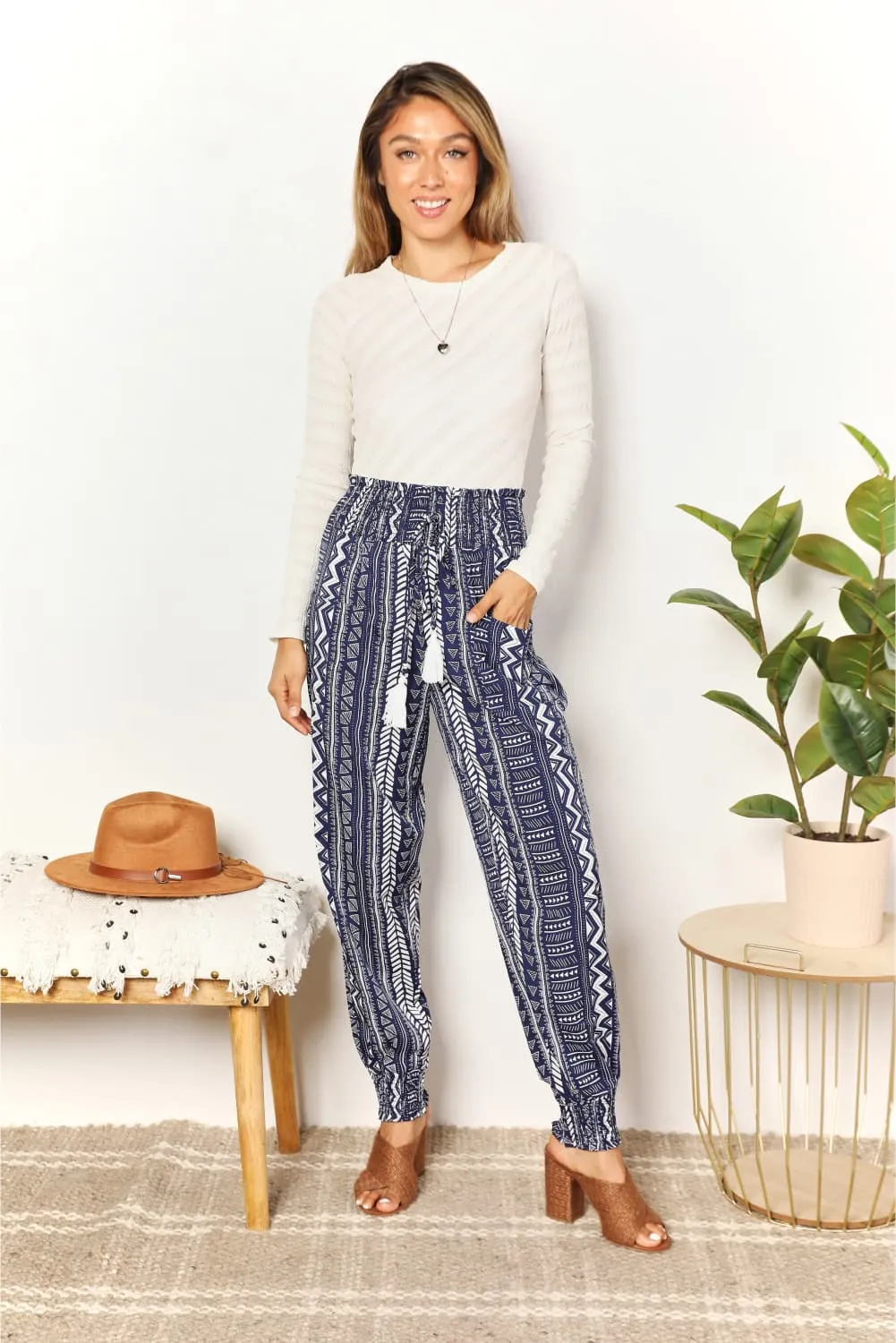 Geometric Print Tassel High-Rise Pants in Navy